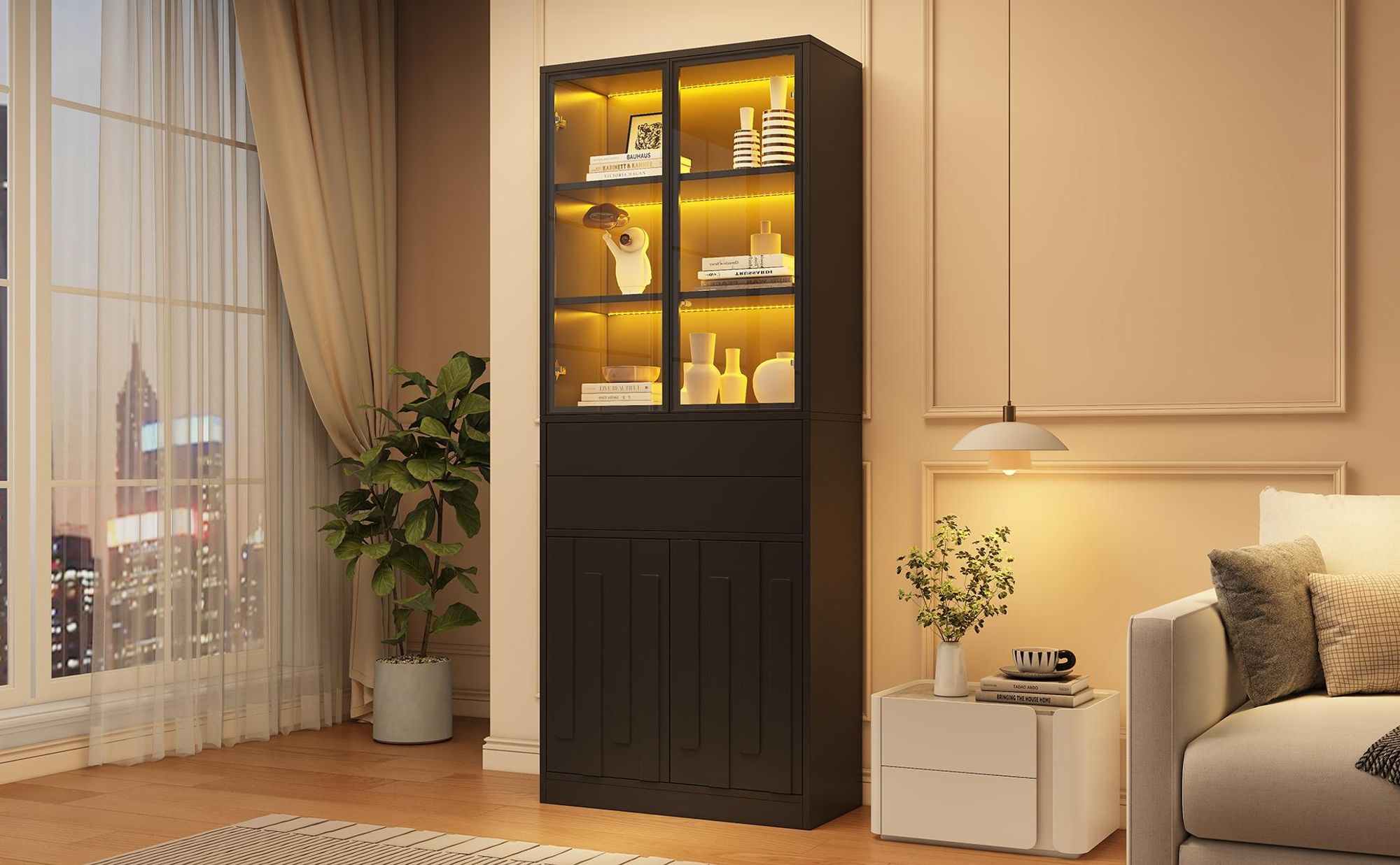 STILVORA Vitrinenschrank mit LED-Beleuchtung und 2 Schubladen, Glasvitrine mit Glastüren, Hochschrank für Wohnzimmer, Küche und Arbeitszimmer