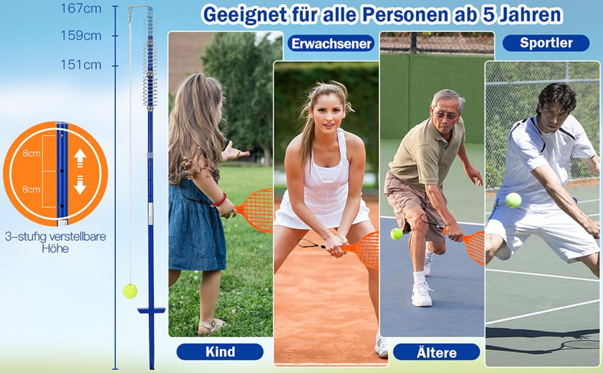 COSTWAY 3-stufig höhenverstellbares Tetherball Set, Twistball Set inkl. Ball｜2 Schlägern ｜120cm Schnur, Tennisball an Schnur, Tennis Spiel für Solo und Team