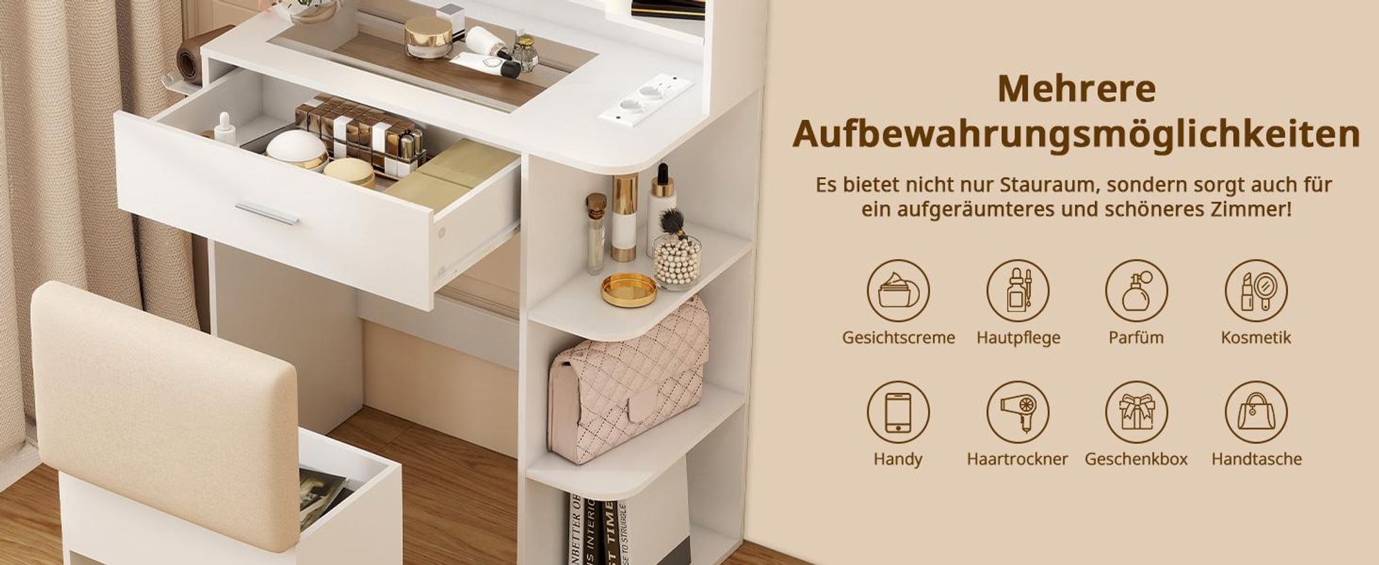 Puluomis Schminktisch mit dimmbarer LED Beleuchtung, Frisiertisch mit Schublade, Föhnhalter, USB & Steckdosen, Glasplatte, Hocker mit Lagerung weiß