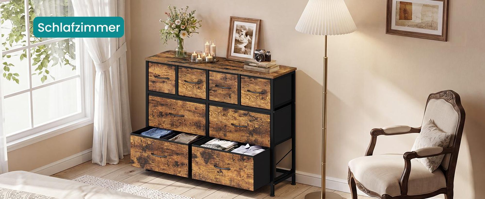 SONGMICS Kommode mit 8 Stoffschubladen, Aufbewahrungsschrank mit Metallrahmen, 98,7 x 30 x 74,7 cm, Tan