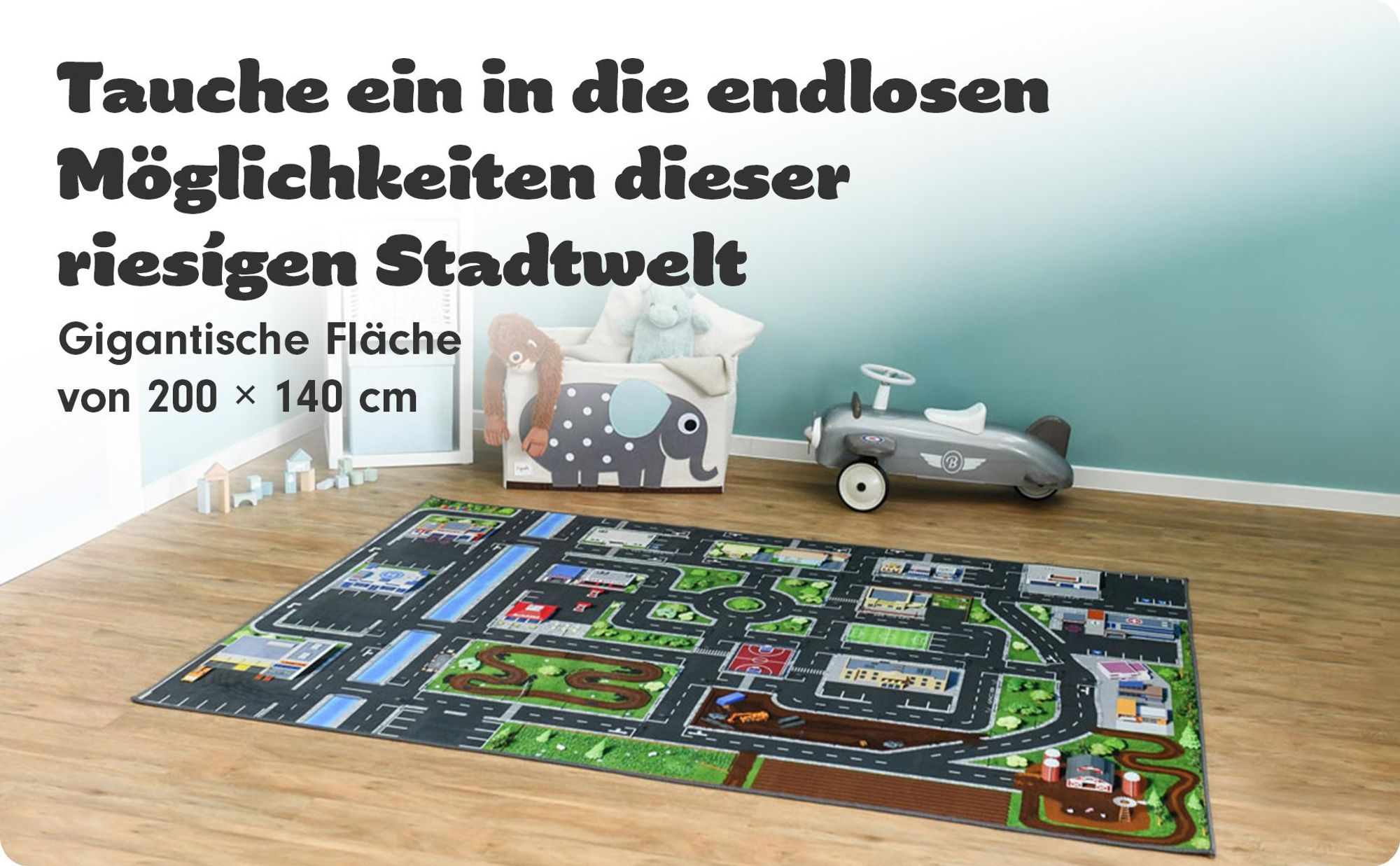 SkippiDoo Kinder Spielteppich Straßenteppich (200x140 cm) - rutschfest & -zertifziert - Teppich Jungen & Mädchen Kinderzimmer, Kinderteppich