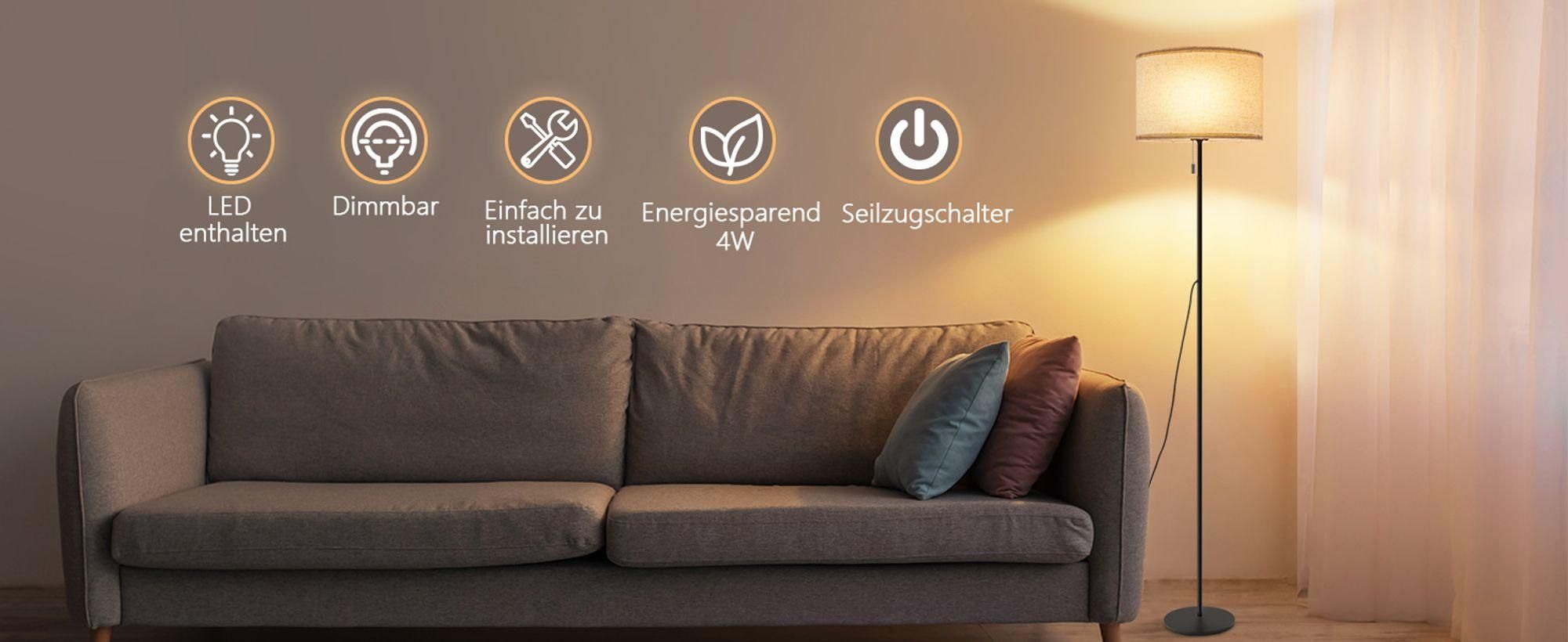 ZMH Standleuchte Wohnzimmer Dimmbar Stoff LED Stehlampen 136cm Standlampe Beige Lampenschirm Vintage Stehleuchten 3000K-6500K mit Seilzugschalter