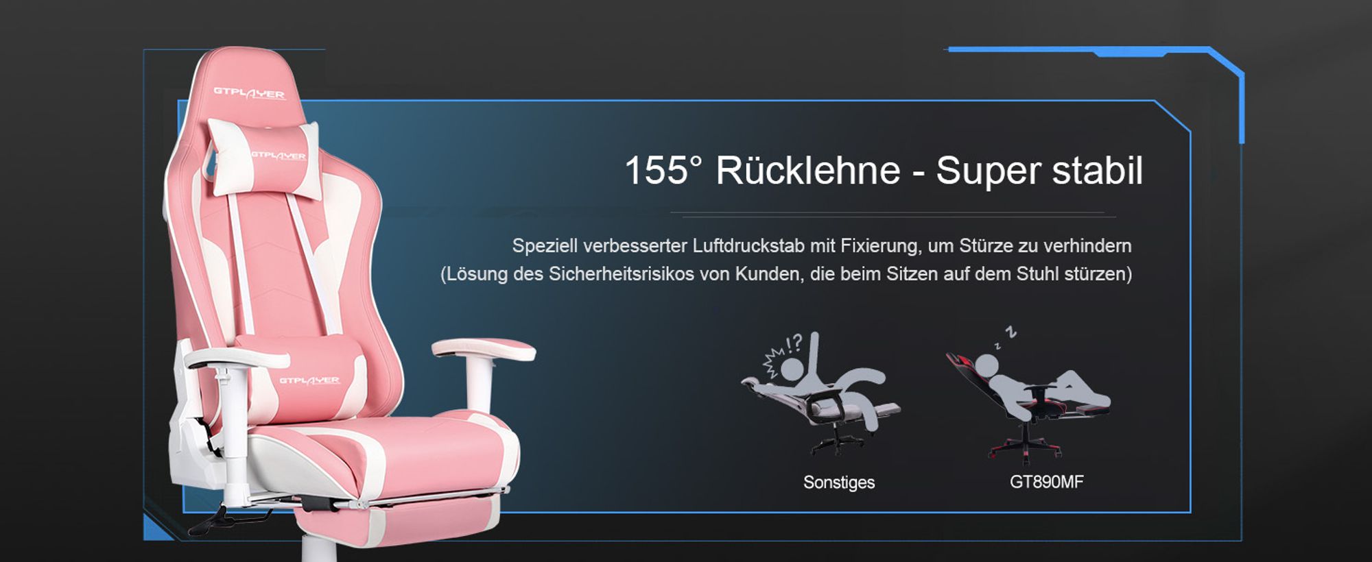 GTPLAYER Gaming Chair »Welt-limitierte Auflage 890MF Patentierter Bluetooth-Lautsprecher-Gaming-Stuhl«, Bürostuhl inkl. Lenden- und Nackenkissen, Ausziehbare Fußablage, Ergonomischer Schreibtischstuhl Pink
