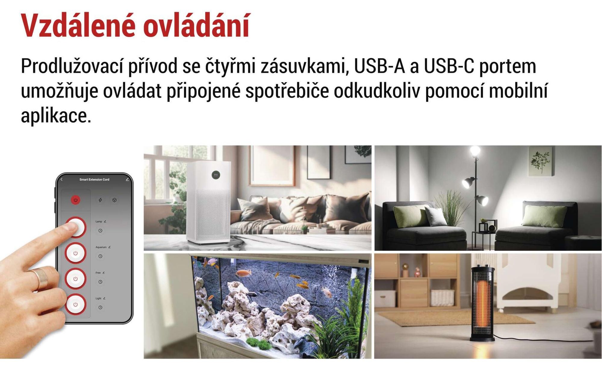 EMOS GoSmart prodlužovačka s WiFi a aplikací, 2m 4-zásuvková lišta se 2 porty USB (USB-C, USB-A), vypínačem, wattmetrem a časovačem, P1412SM