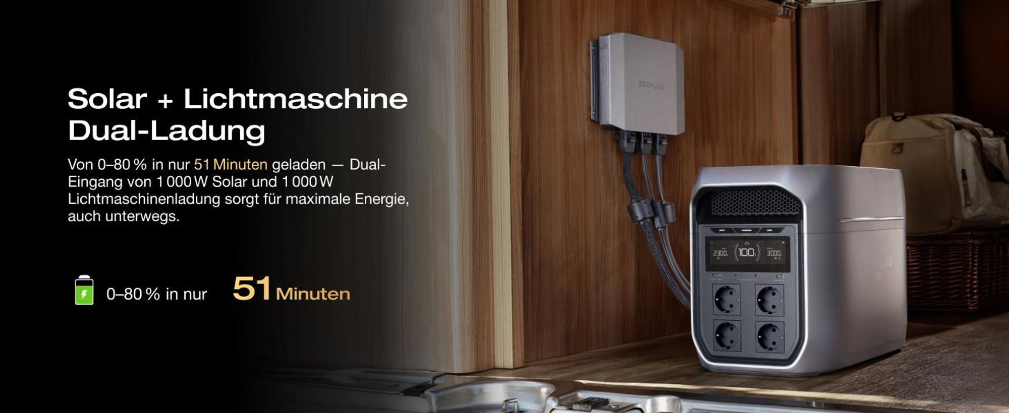 EF ECOFLOW DELTA 3 Max Plus tragbare Powerstation, 2 048 Wh LiFePO₄-Batterie, erweiterbar auf 10 kWh, 3 000 W AC-Ausgang, 0–80 % Ladung in 47 Min