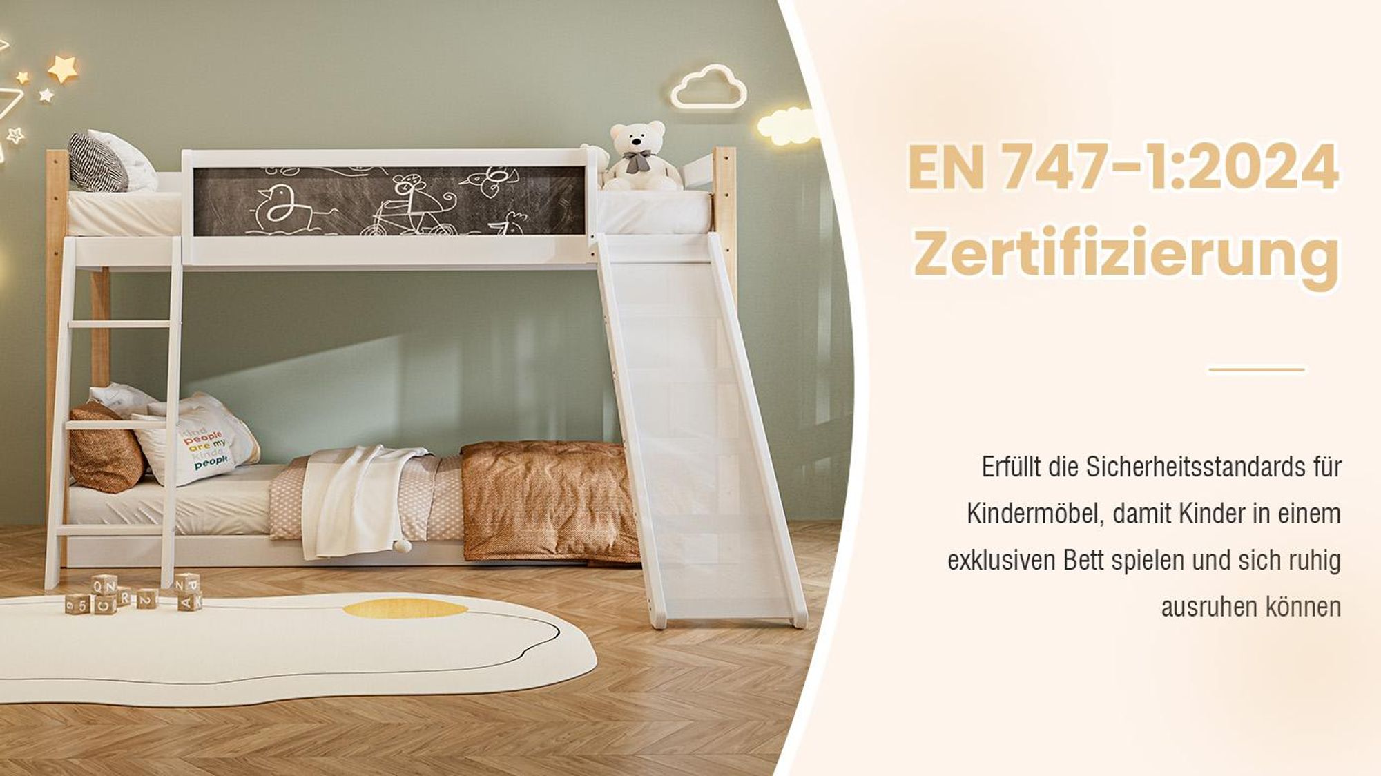 LVHOM Etagenbett mit Rutsche und Treppe, Hochbett 90x200/90x190cm mit Tafeln, Kinderbett aus Massivholz, Jugendbett Bettgestell, Weiß/Natur