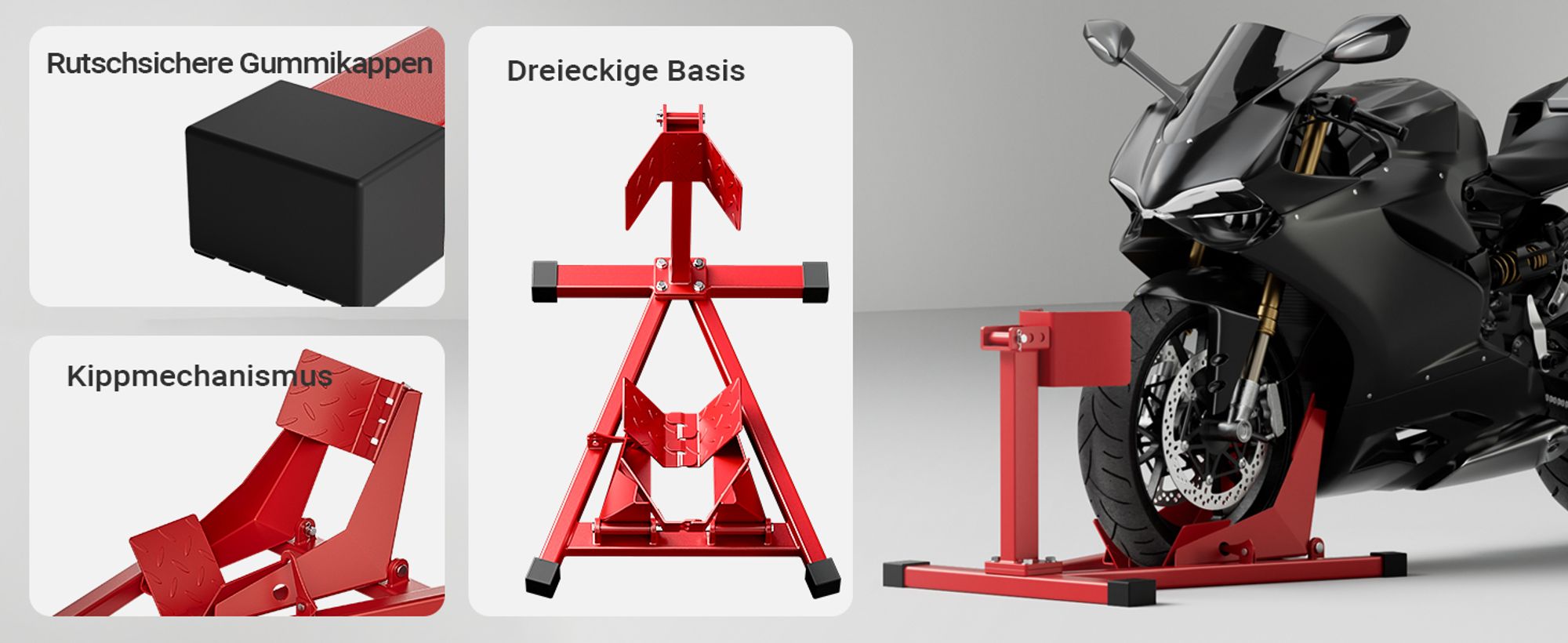 Wiltec Motorradständer vorne für 17-21" 60-160 mm Reifen, 670 x 480 mm, als Montagehilfe aus Stahl mit Gummifüßen für Vorderrad, Motorradheber