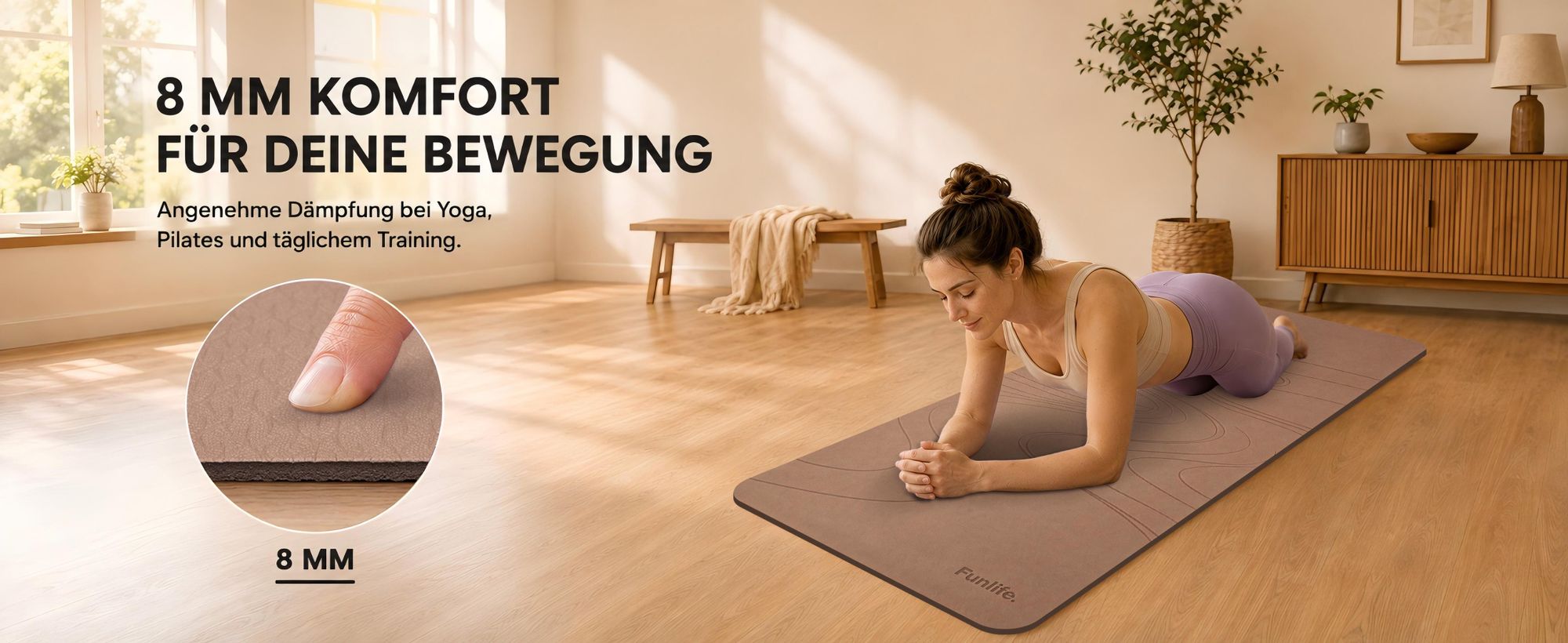 FUNLIFE Yogamatte 183 × 61 cm, 8 mm TPE rutschfest, Fitnessmatte Gymnastikmatte Sportmatte mit Tragegurt für Yoga, Pilates & Home Workout , Lavender