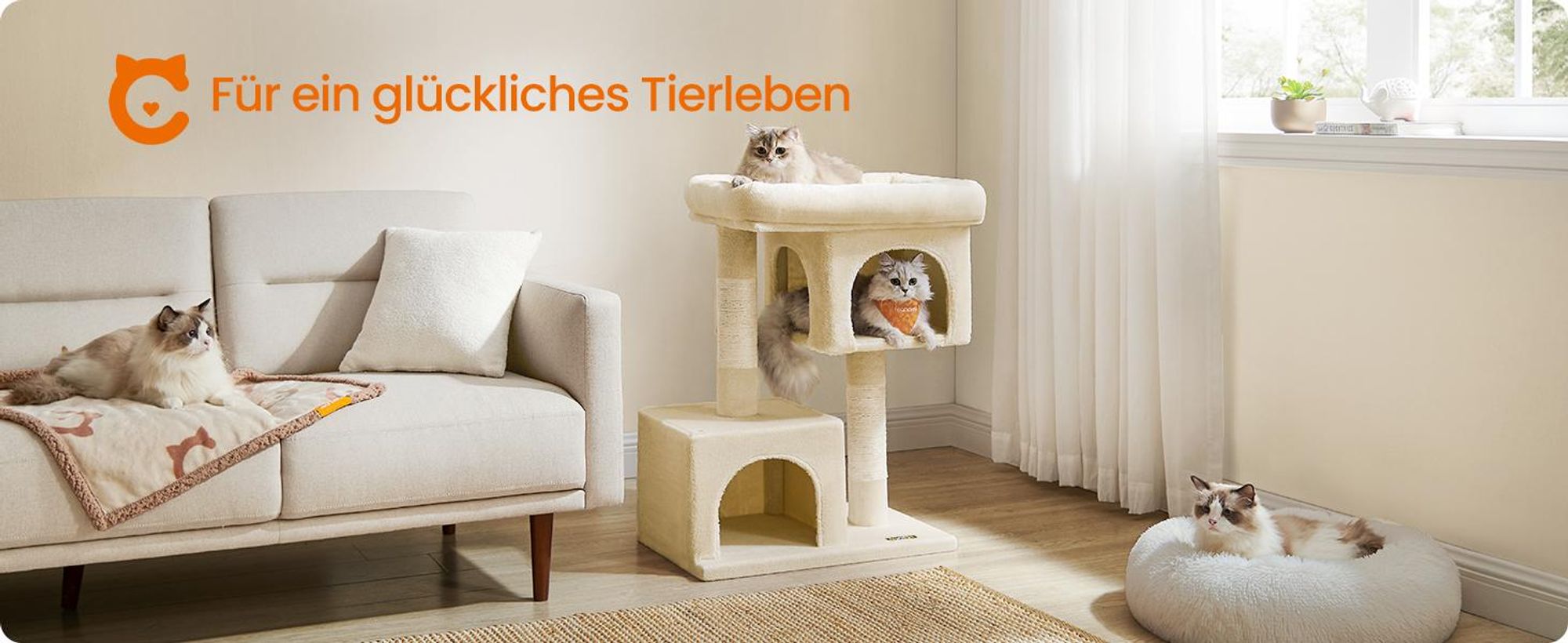 FEANDREA Kratzbaum, L Katzenbaum, mit 2 Häuschen, 80 cm, kompakt, beige