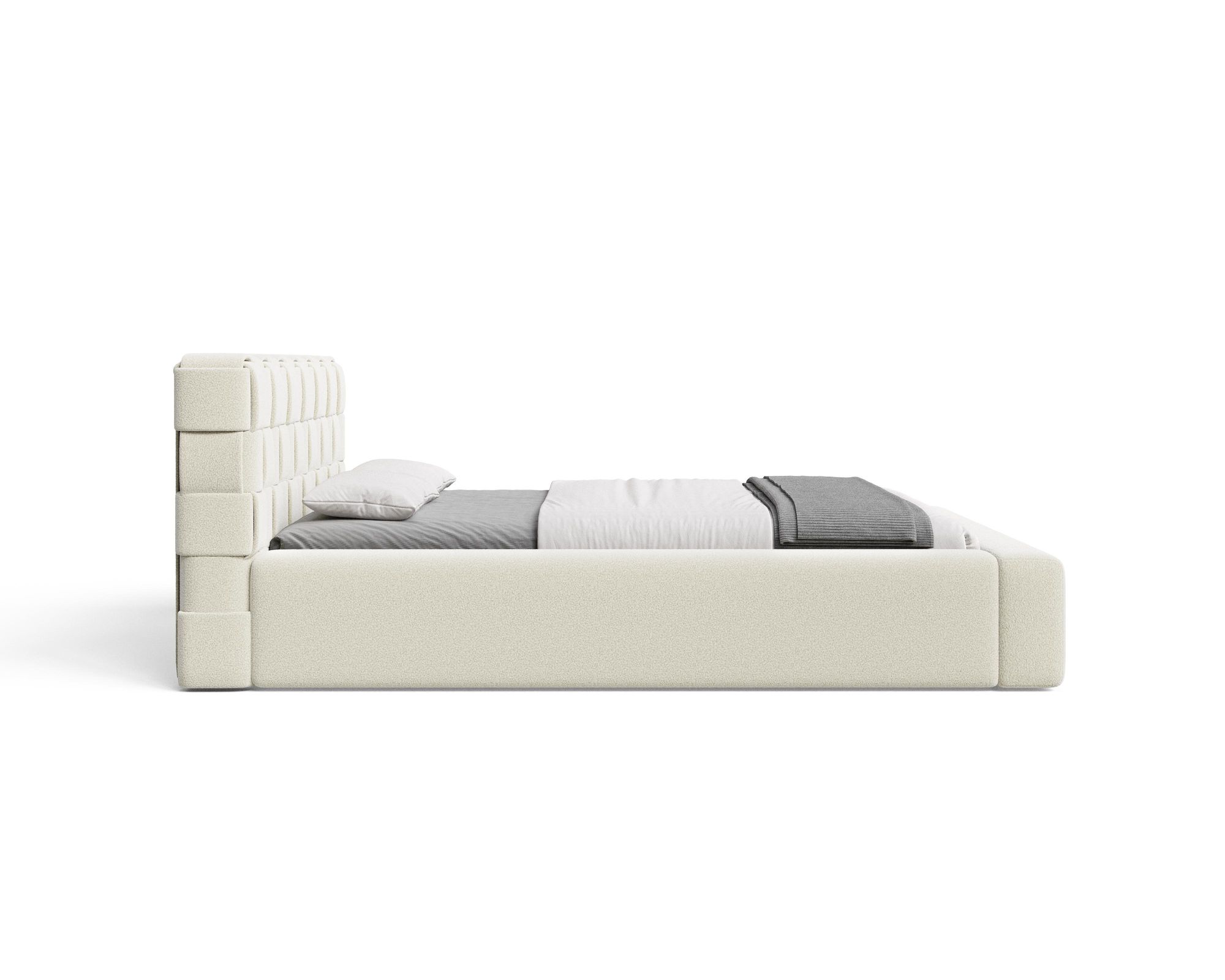 Chilly Möbel Design Bett Cube - Geometrisches Polsterbett mit Stauraum, Lattenrost und stabilem Metallrahmen 180x200 cm / Bouclé / Beige