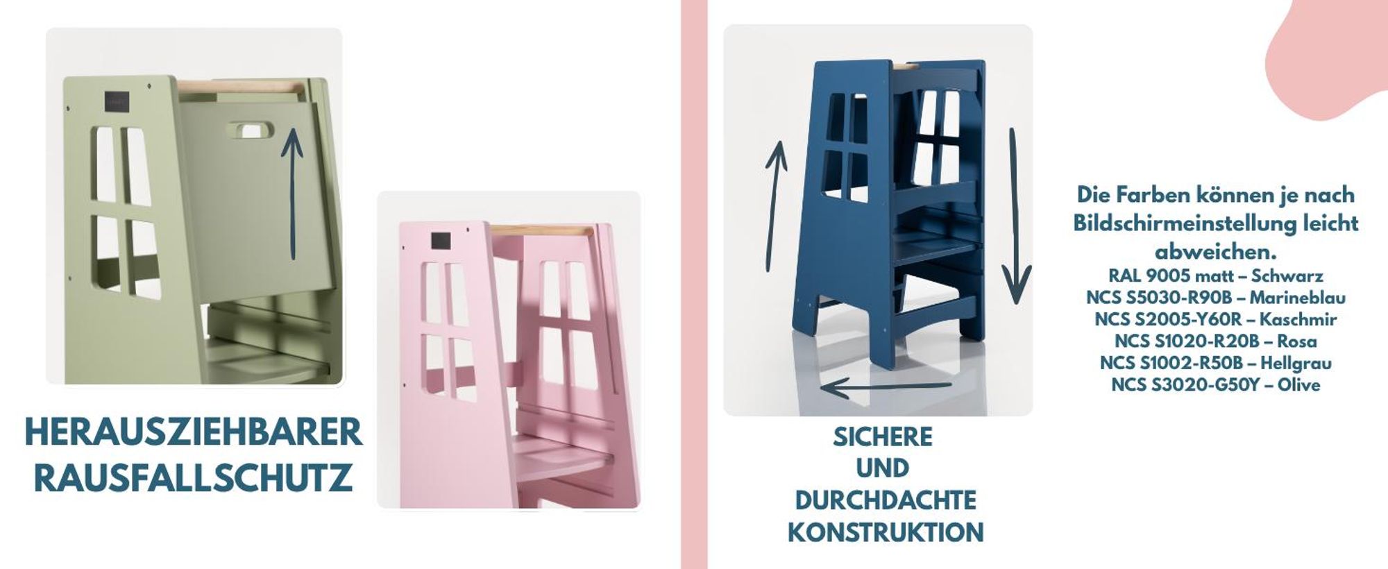 EXTRA SAFE - Montessori Lernturm Kitchen Helper Kinderplattform Küchenturm lackierter – kaschmir