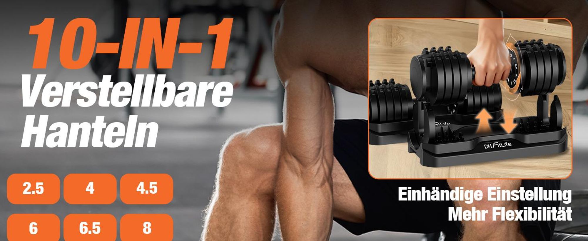 DH FitLife Verstellbare Hanteln 12 kg, 2,5-12 kg, 10 Gewichtsstufen, mit Ablageschale, platzsparend