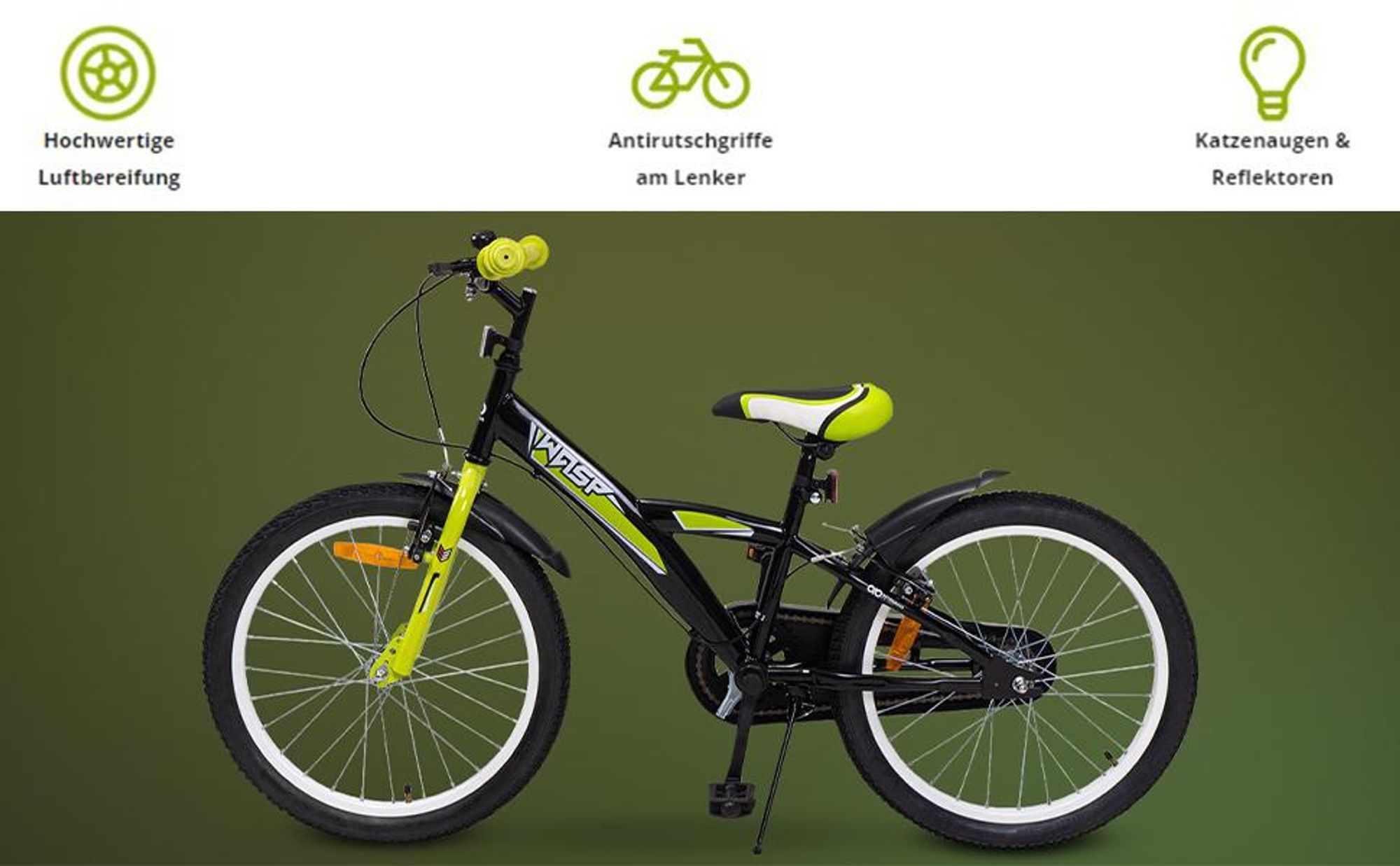 Actionbikes Kinderfahrrad Wasp 20 Zoll | Kinder Fahrrad - V-Brake Bremsen - Kettenschutz - Fahrradständer - 6-9 Jahre (Schwarz/Grün)