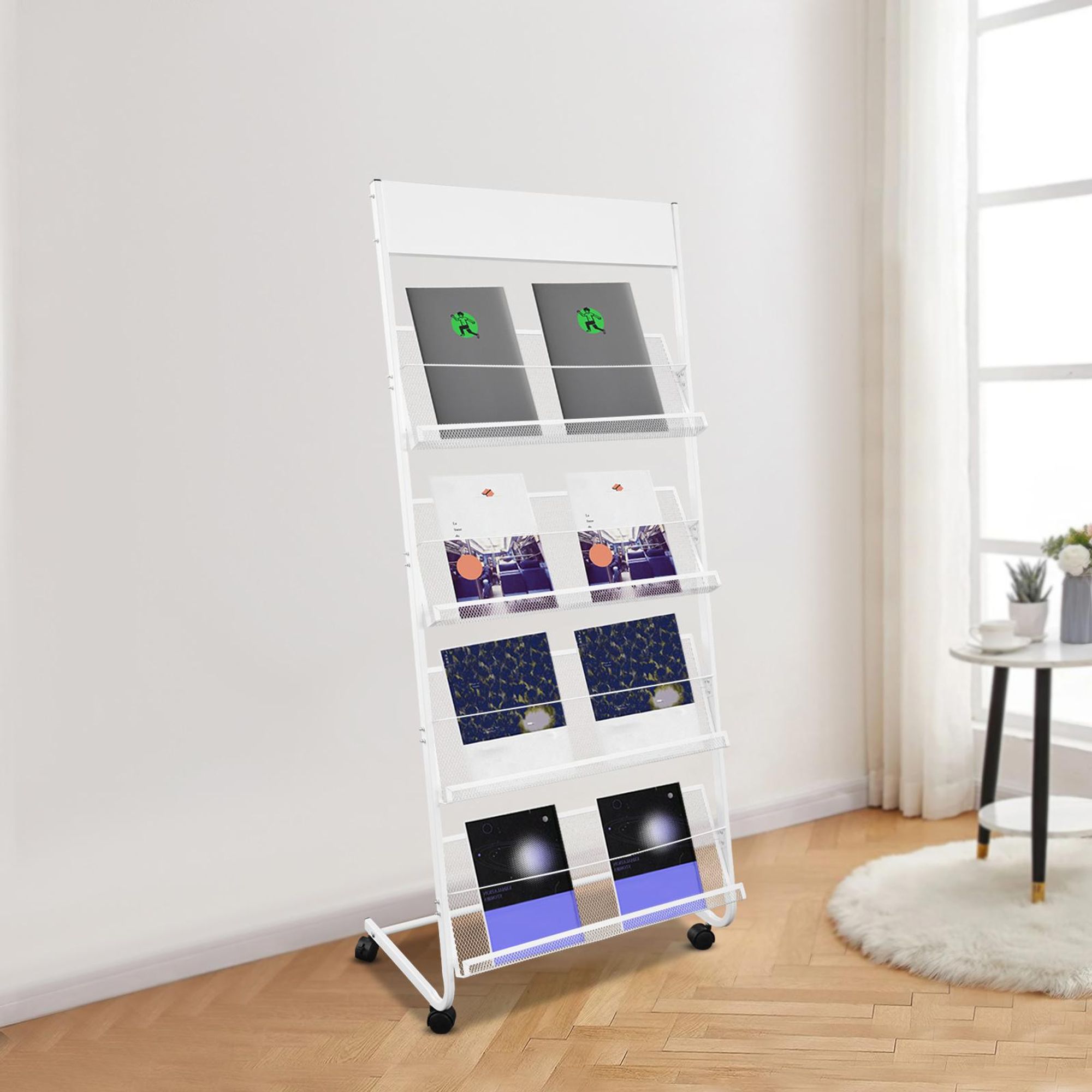 Zeitschriftenständer, Stand-Zeitschriftenständer, Zeitschriftenständer mit Rollen, Weiß