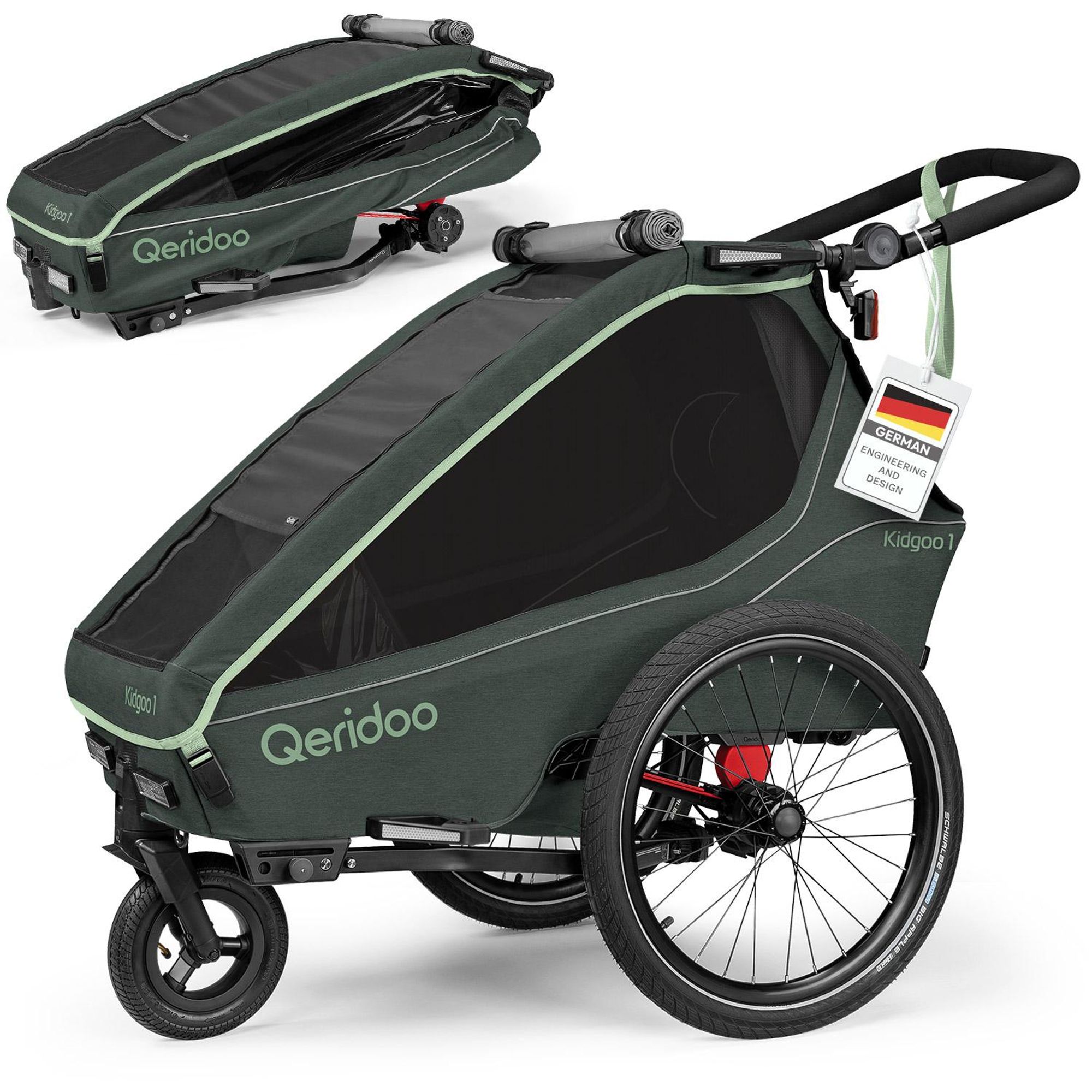 Qeridoo Kidgoo 1 - Kinderfahrradanhänger für 1 Kind, Farbe: Forest Green