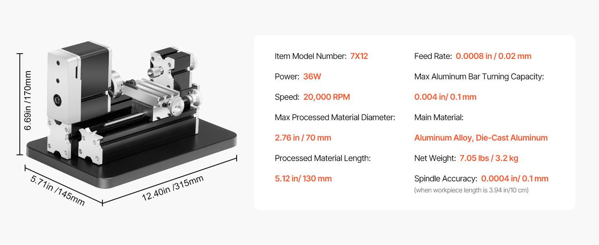 VEVOR Didaktische Mini-Metall-Drehmaschine, 70 x 130 mm (2,76 x 5,12 Zoll), 36W Leistung Metall-Drehmaschine, 20.000 U/min, mit 3-Backenfutter, Aluminiumlegierung Handrad, zur Bearbeitung von Präzisionsteilen aus weichen Metallen Holz Kunststoffen