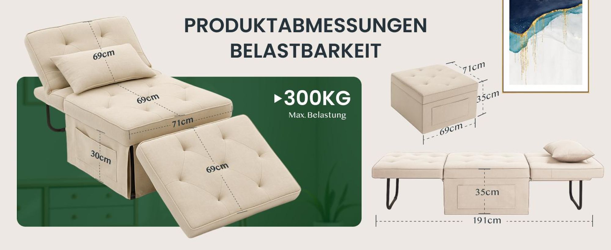 FLEXISPOT 4-in-1 Schlafsofa Klappbett Einzelsofa mit klappbarem Hocker, Kissen & 5-fach verstellbarer Rückenlehne, Schlafsessel für Gästezimmer Beige