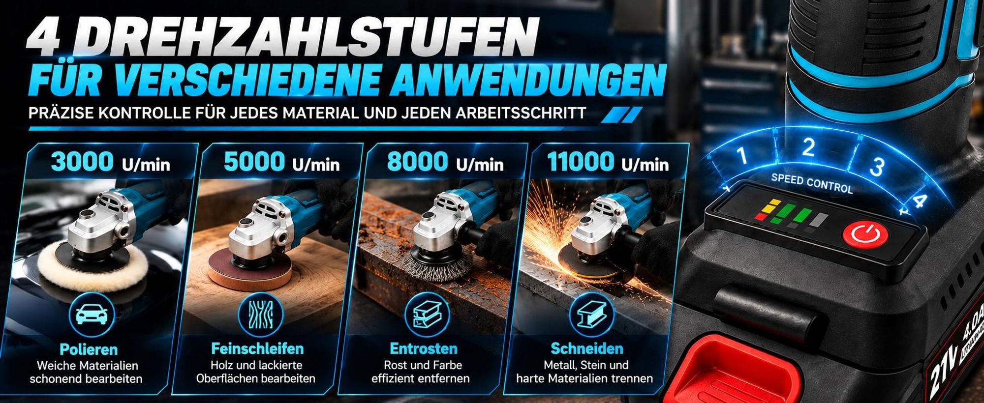 Akku-Winkelschleifer 125 mm, 21V Brushless, 11.000 U/min, 2×4,0Ah Akkus, stufenlos regelbar, zum Schneiden, Schleifen und Polieren, mit Koffer