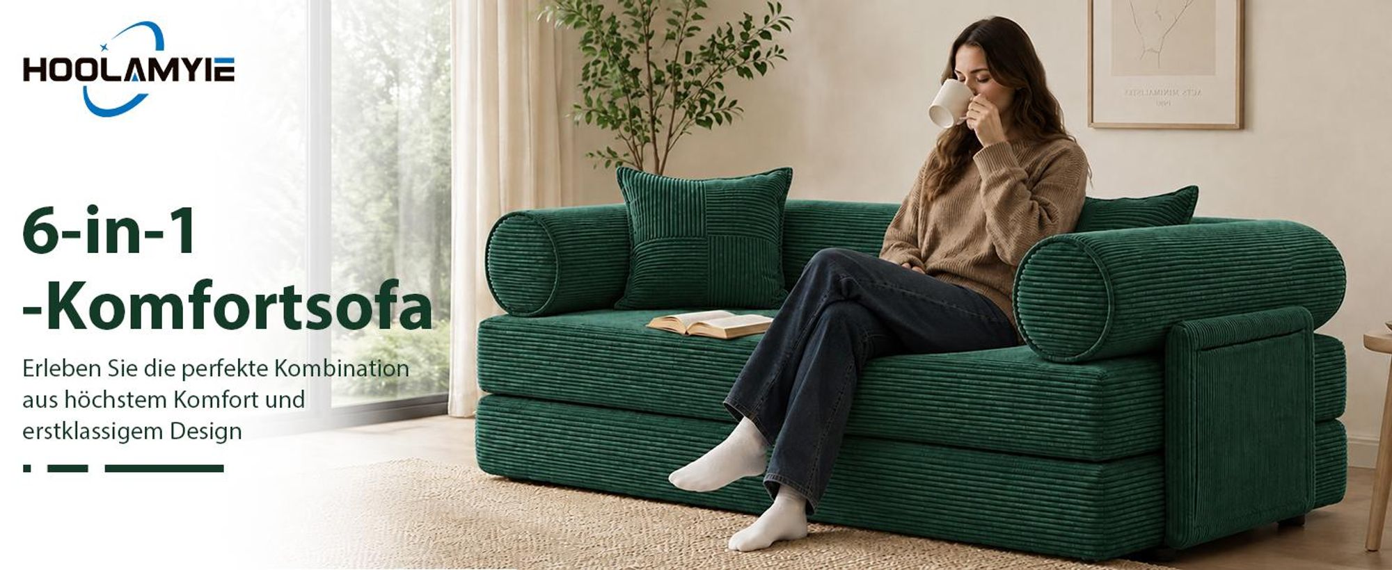 HOOLAMYIE 6-in-1 Modulares Schlafsofa aus Cord, Klappbares Polstersofa mit Seitentasche, montagefrei, Bodensofa 2-Sitzer, Grün