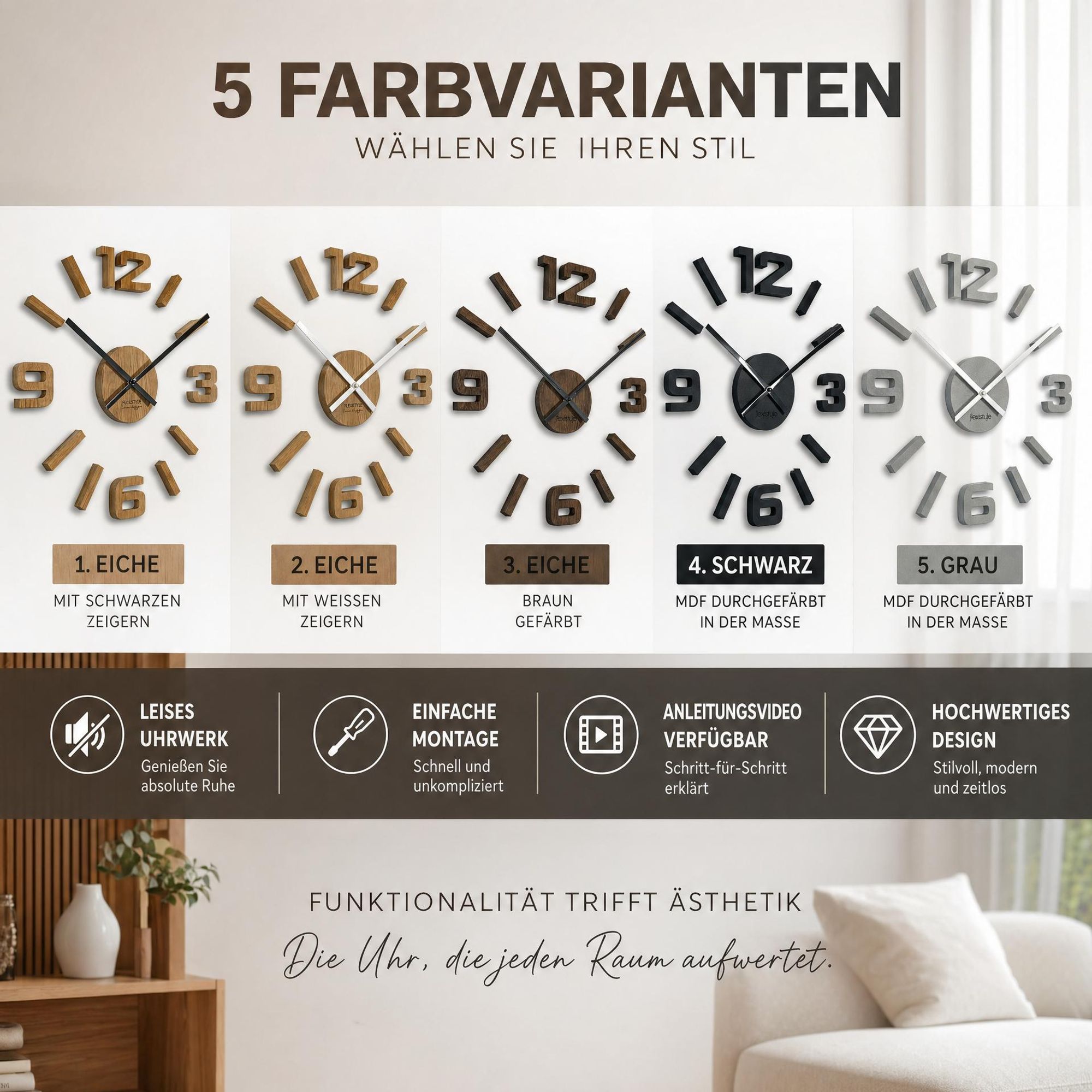 Wanduhren DIY große Wanduhr 50-75CM Schwarz 3D Wanduhr Modern Design EKO Wanduhren Wandtattoo Dekoration Uhren für Büro Wohnzimmer Schlafzimmer