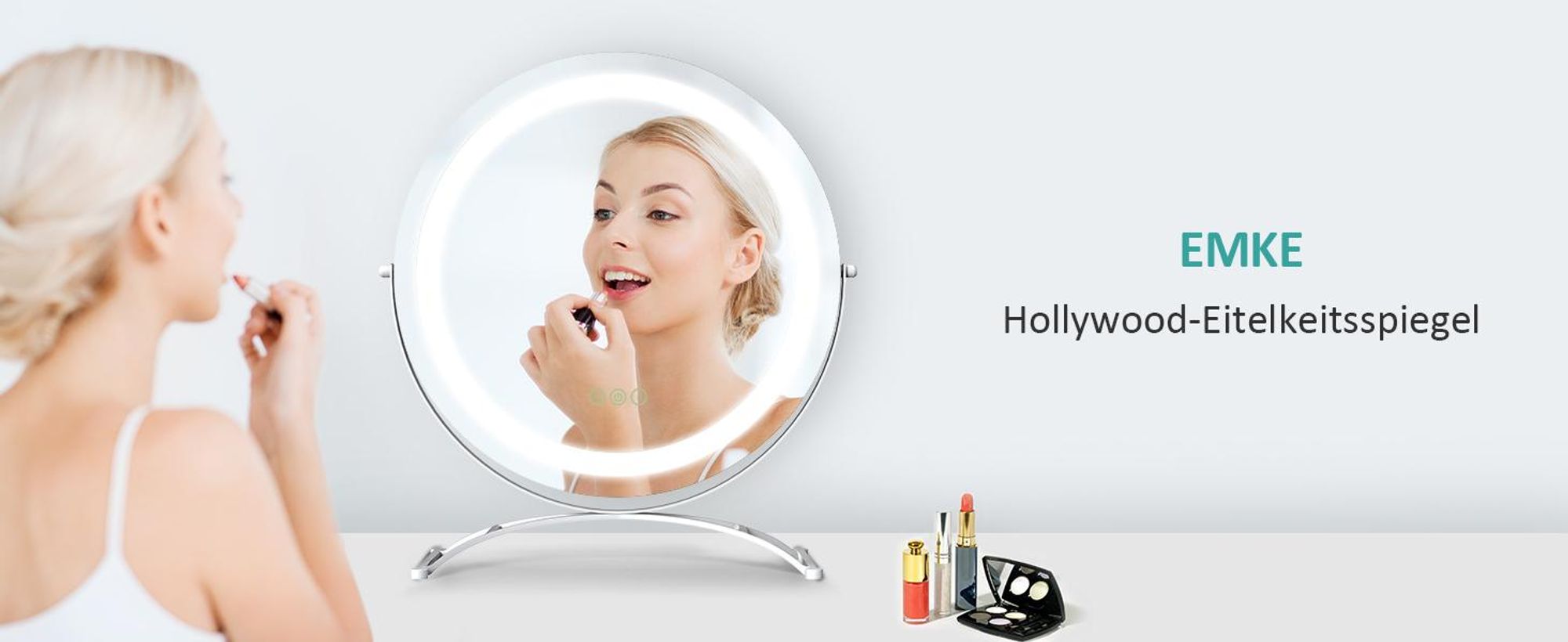 EMKE Schminkspiegel mit Beleuchtung, Hollywood Spiegel mit 3 Lichtfarben, Smart-Touch-Steuerung Schminktisch Spiegel mit Licht 360° drehbar, Einstellbare Helligkeit und Memory-Funktion (Φ400mm, Weiß)