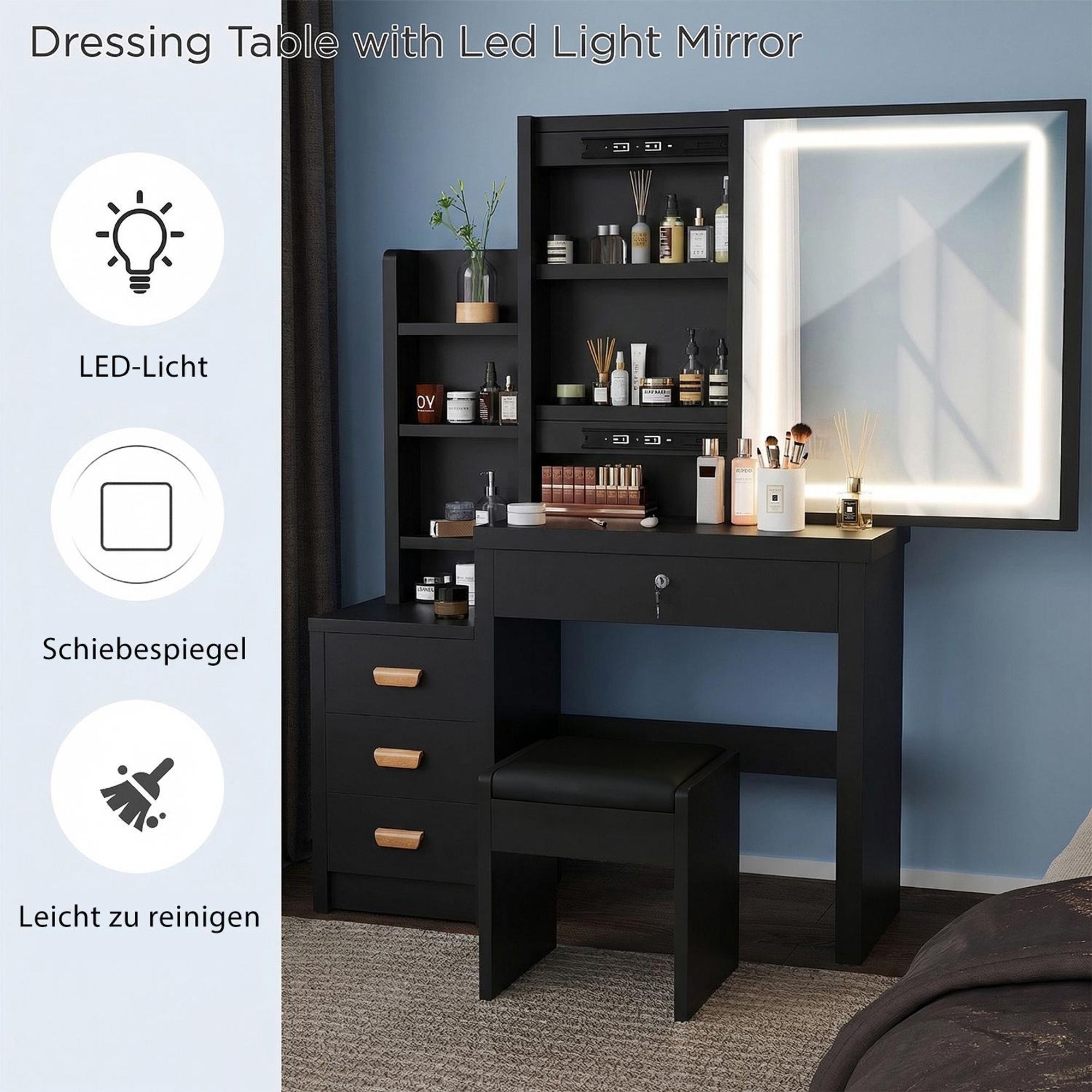 OYAJIA  Schminktisch mit LED-Beleuchtung, Spiegel einstellbare Helligkeit, Schminktisch mit Hocker，Frisiertisch mit 4 Schubladen und   Ablagen, Modern