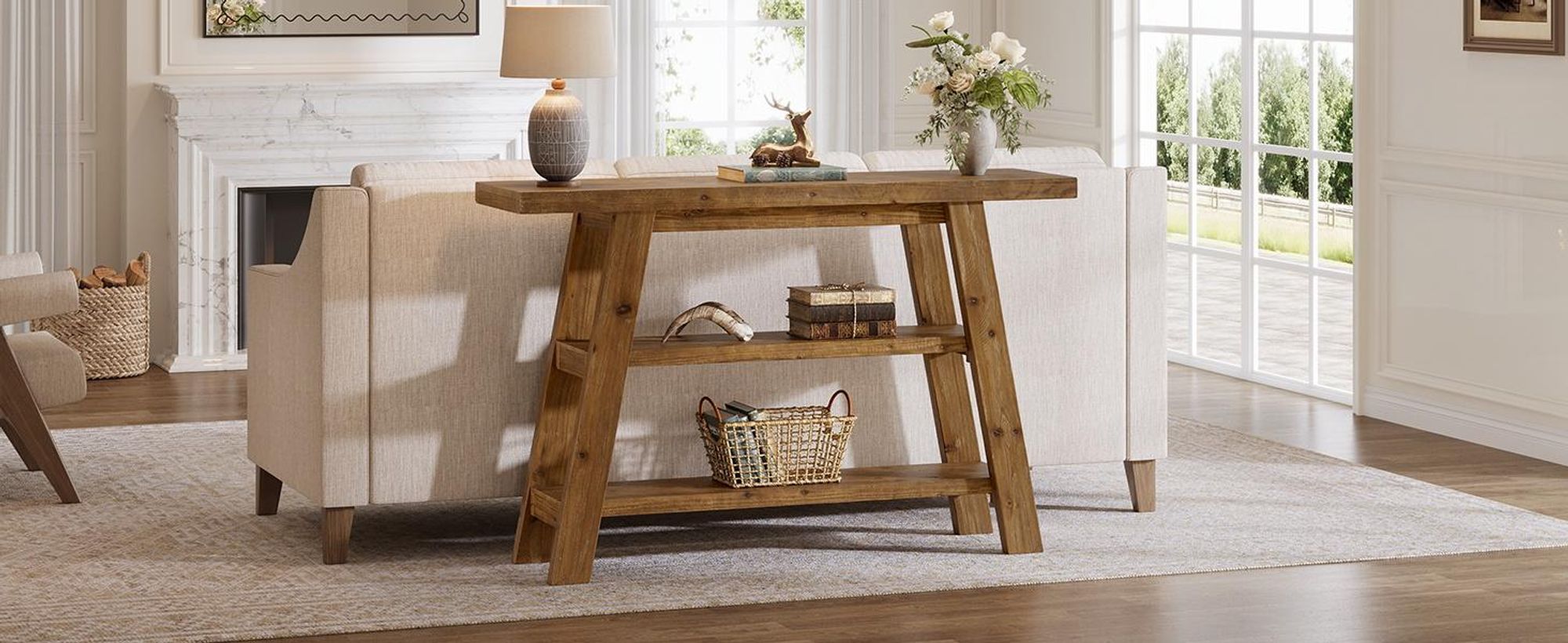 Massivholz-Konsolentisch, 120 cm langer Landhaus-Eingangstisch mit 3-stufigen Regalen, rechteckige Couchtische Akzenttische hinter dem Sofa