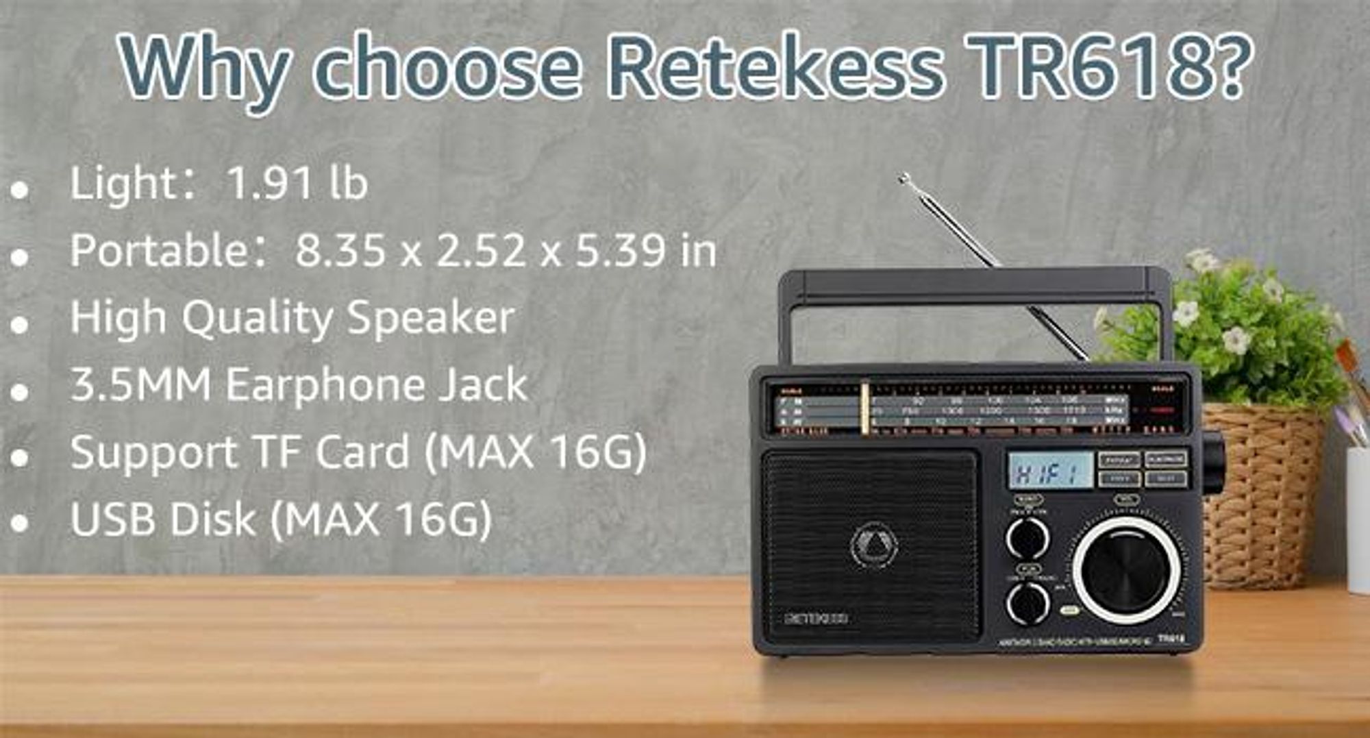 Retekess TR618 přenosné rádio na baterie, přenosné rádio pro seniory, AM FM SW, USB SD TF, kuchyň, pro seniory, Dárky ke Dni matek a Dni otců (černé)