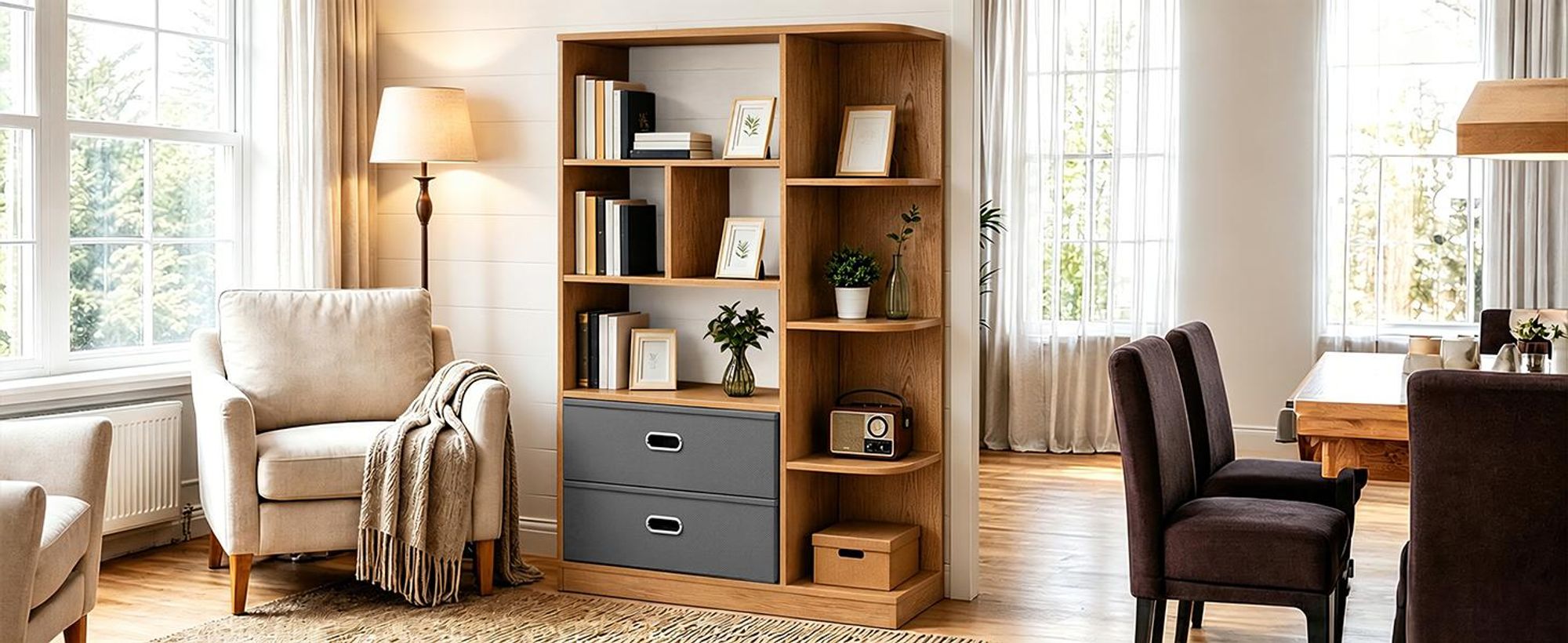 Bücherregal mit 8 Ebenen und 2 Stoffschubladen, Aufbewahrungsregal Standregal, Bücherschrank, 80 × 24 × 115 cm, Braun
