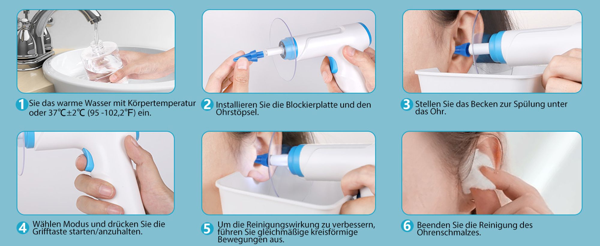 Ohrenschmalz-Entferner, Ohrenreiniger, elektrischer Ohrenreiniger, Ohrendusche, Ohrenreinigungsset mit 4 Reinigungsmodi und 10 Ohrstöpseln