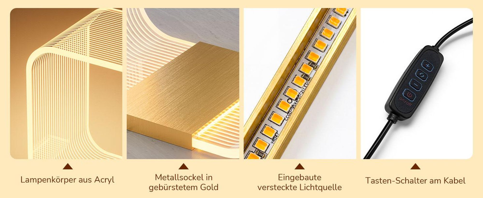 EDISHINE LED Nachttischlampe Dimmbar, Moderne Tischlampe mit Versteckter Lichtquelle &Lasergravur,3 Farbtemperaturen, Acryl & Aluminium,Nachtlich Gold