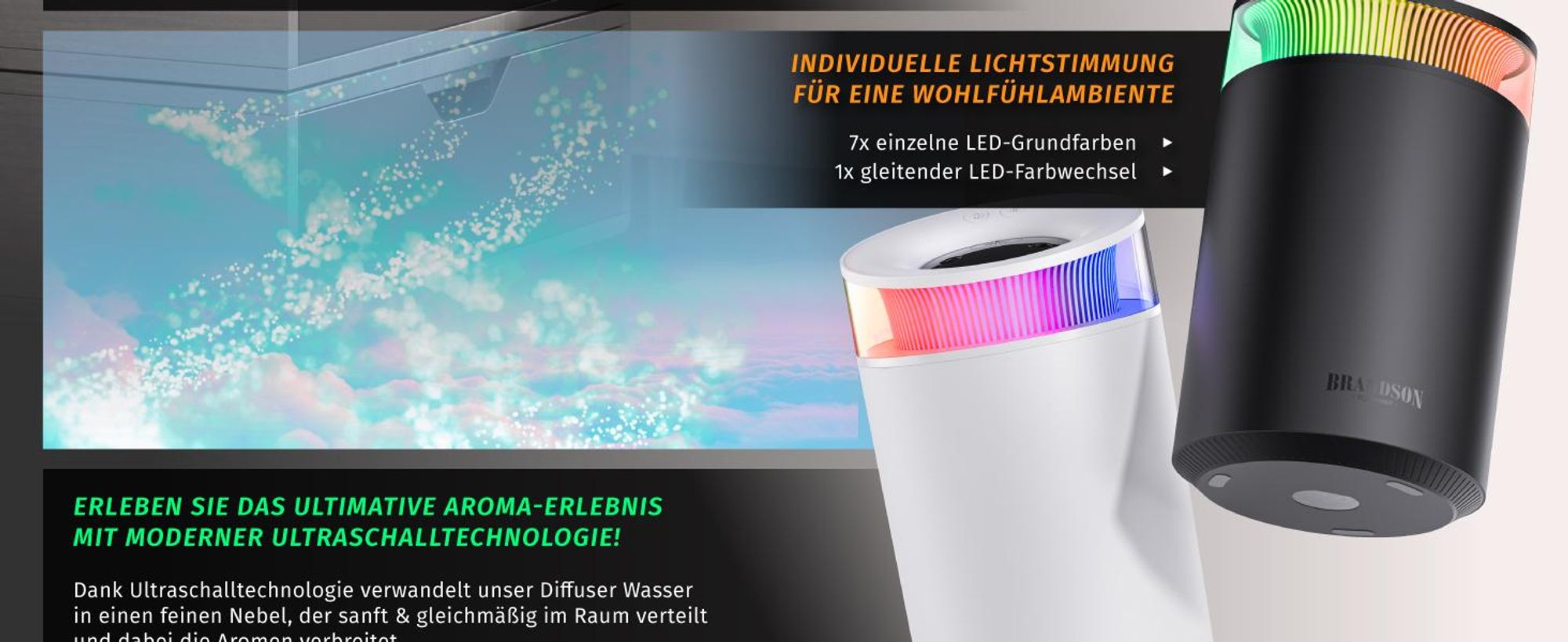 Brandson Luftbefeuchter 2,5 l mit Aroma Diffuser, Ultraschall, 2 schaltbare Nebelausgänge, bis 50 h pro Tankfüllung, 7 LED-Farben, leise unter 30 dB, USB-C, schwarz