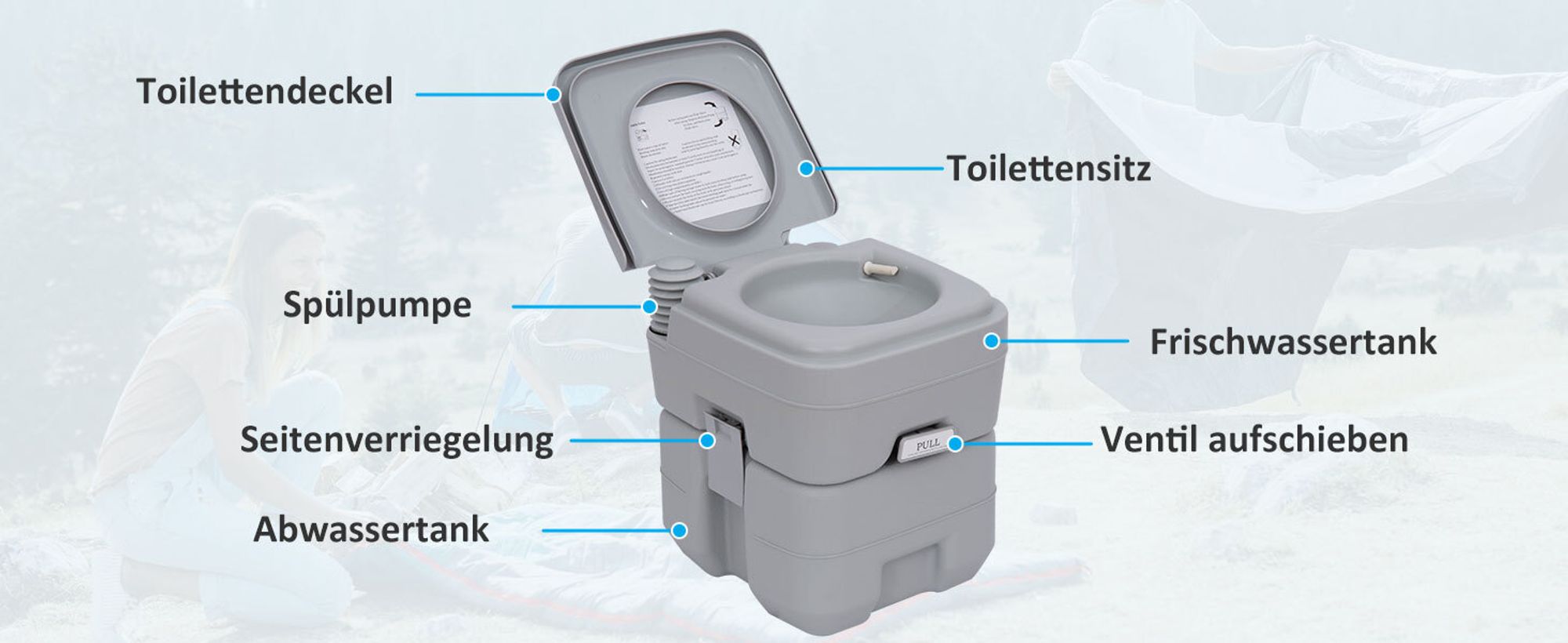 Outsunny Campingtoilette, 20 L Mobil-WC, Camping-WC mit Spül- und Abwassertank