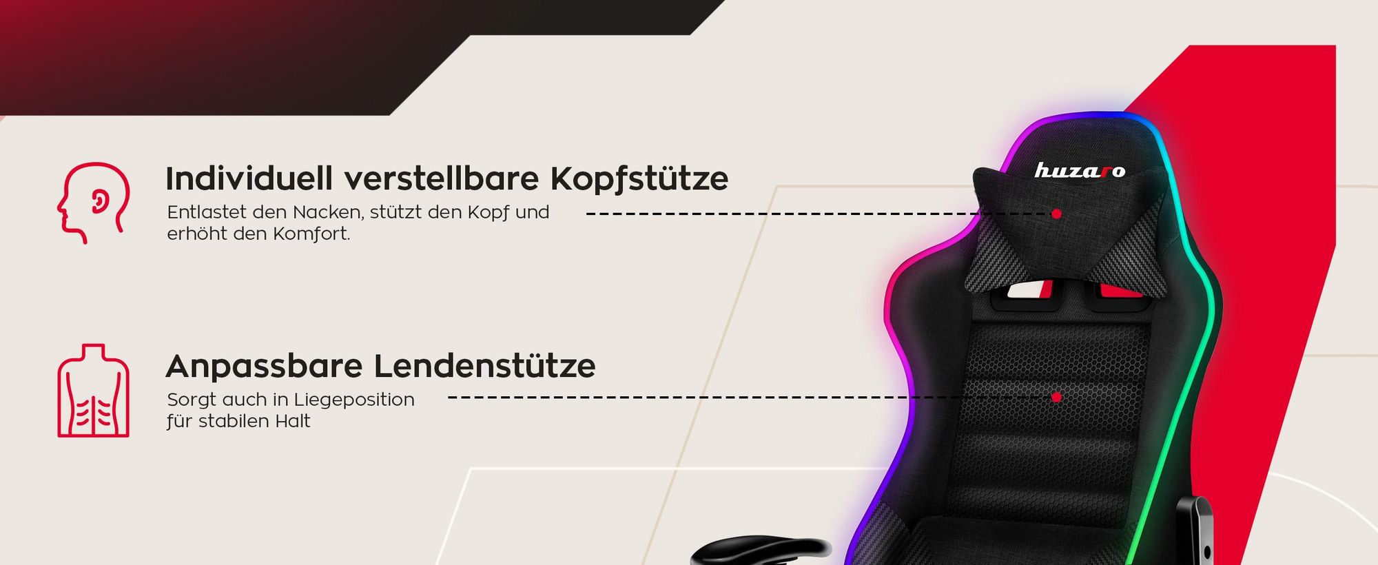 Huzaro Kinder Schreibtischstuhl Ranger 6.0 Gaming Stuhl Racing Sessel Bürostuhl Drehstuhl Gamer bis 130 kg RGB Led Schwarz