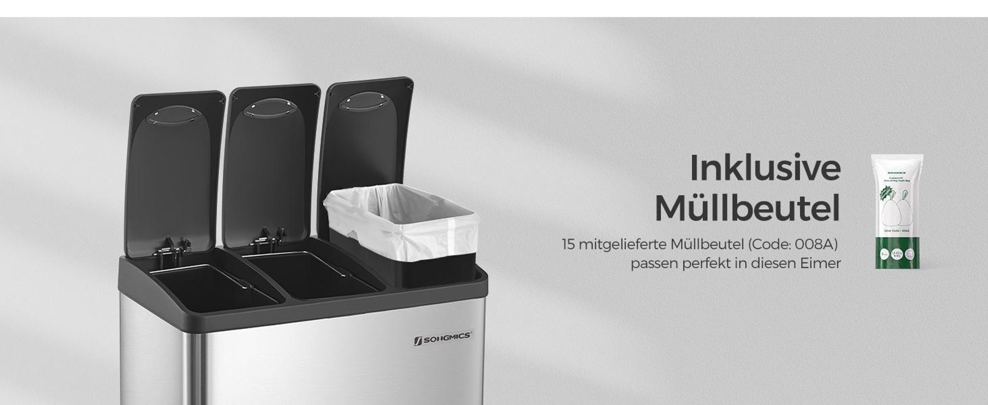 SONGMICS Mülleimer 24L Edelstahl Abfalleimer Inneneimer 3 x 8L Treteimer