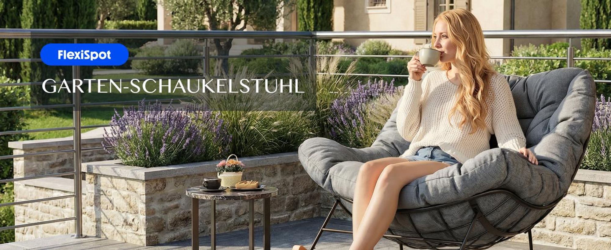 FLEXISPOT Schaukelsessel Outdoor, Gartenliege & Loungesessel mit Kissen, stabilem Metallrahmen, ideal für Balkon, Terrasse, Garten & Wohnzimmer, Grau