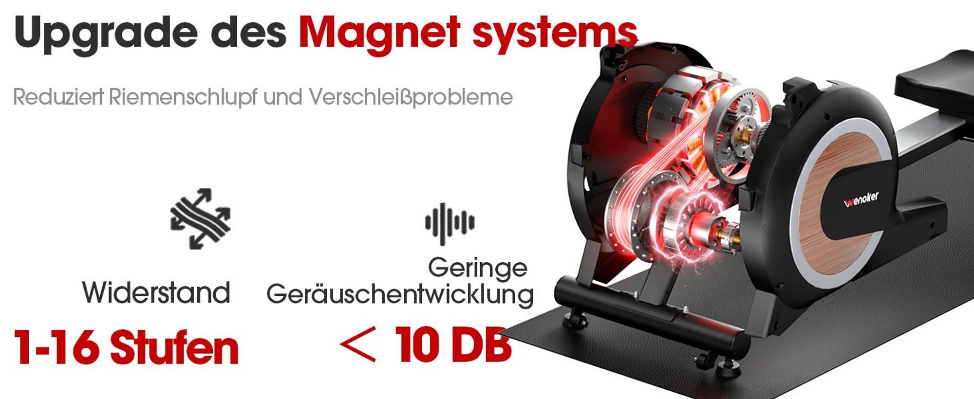 WENOKER Rudergerät mit Magnetbremse, Aluminium-Schiene, 16 Widerstandsstufen, LCD-Display, Bluetooth & Kinomap kompatibel, bis 160 kg