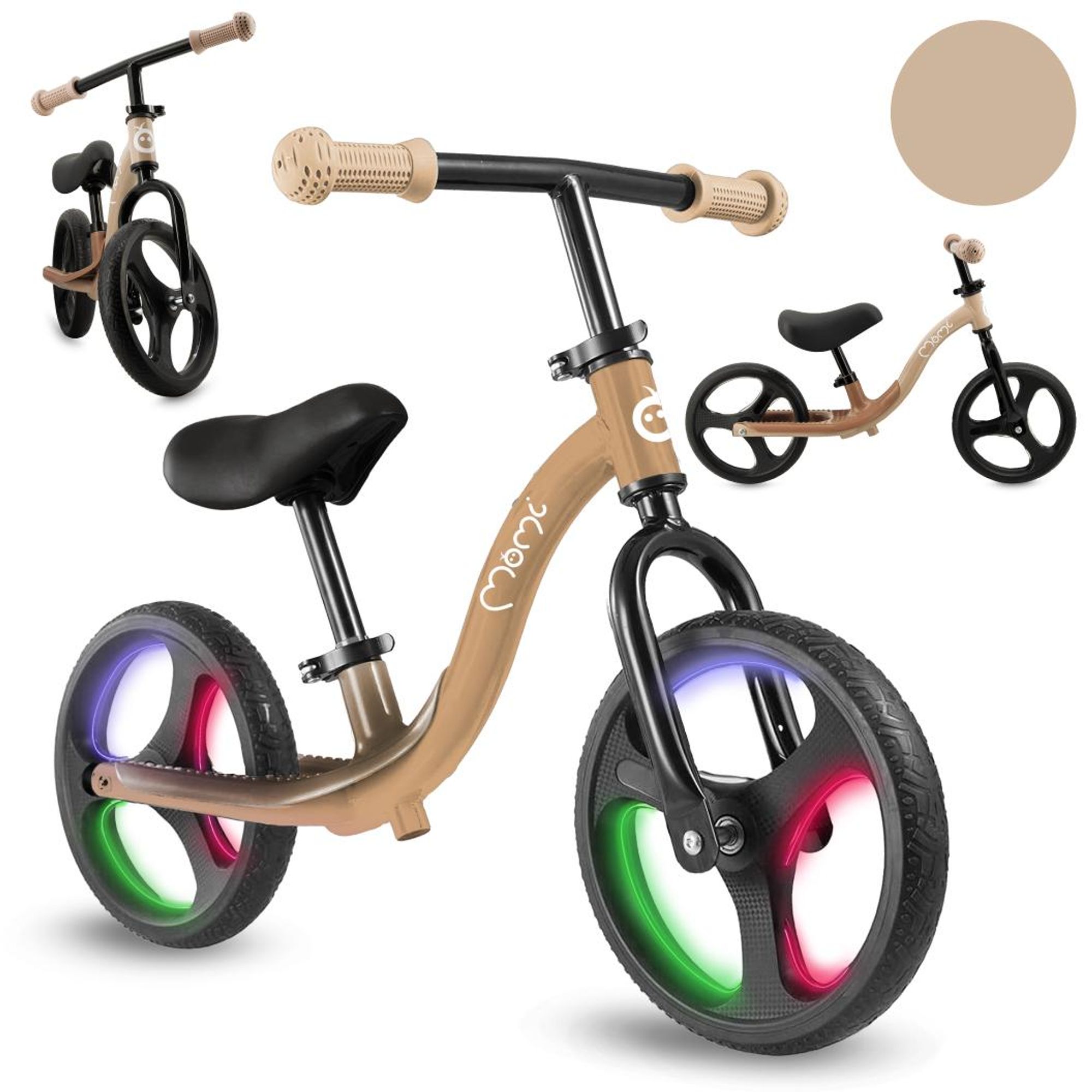 MoMi ISOKA – 10 Zoll Laufrad mit LED-Leuchten (Dynamo), höhenverstellbar ohne Werkzeug, mit Fußstütze, ab 2 Jahren, bis 35 kg – Beige