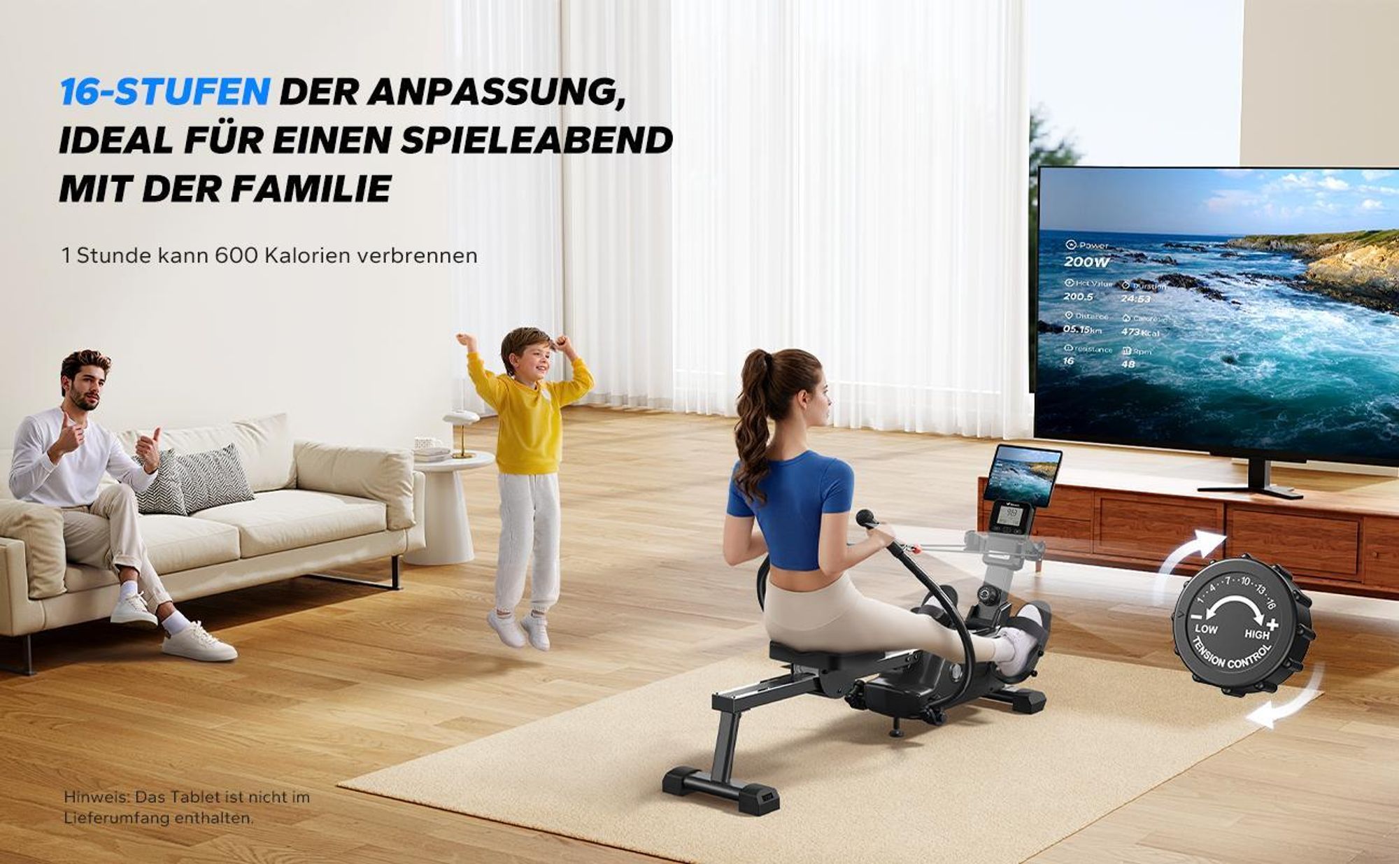 Magnetisches Rudergerät 36 kg Widerstand, 7 Modi, bis 158 kg, ergonomischer Sitz, LCD & Tablet-Halter, Bluetooth & Kinomap, App & Kurse, leise