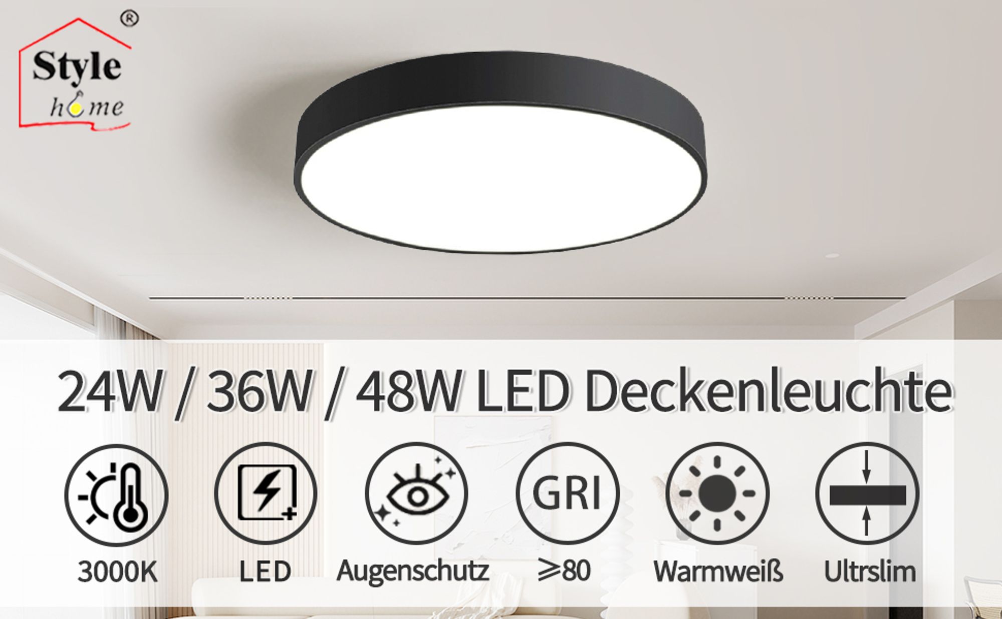 Style home36W LED Deckenleuchte Deckenlampe Ultraslim Ø40x4cm, moderne runde Leuchte für Wohnzimmer Schlafzimmer Küche Büro Diele Flur (Schwarz)
