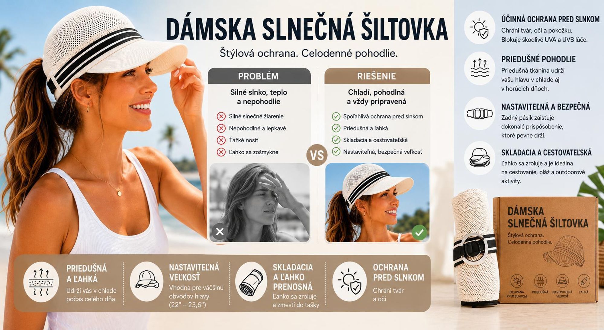 Nastaviteľný dámsky slnečný klobúk s obvodom 55–60 cm, priedušný letný klobúk pre dámy, klobúk s okrajom – SUNIHAT béžový