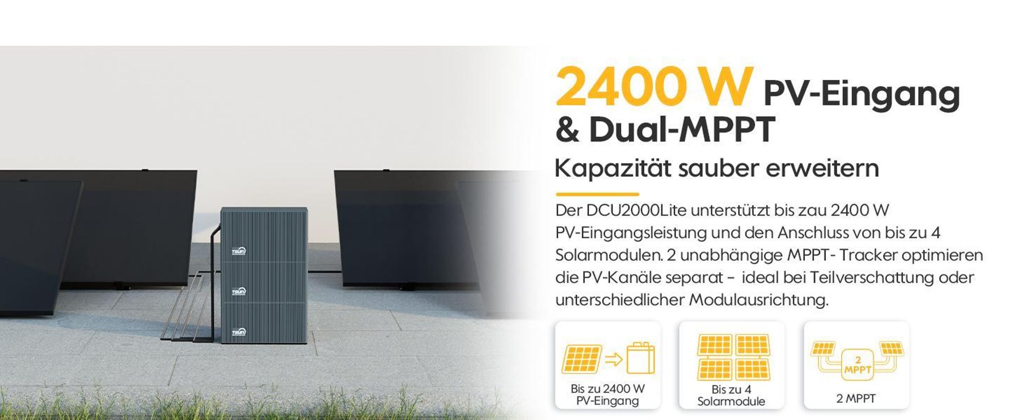 Balkonkraftwerk Speicher TSUN DCU2000Lite 2kWh (bis 10 kWh erweiterbar), 314Ah Industriezellen, 2400W PV Input mit Dual MPPT, Plug & Play (0% MwSt)