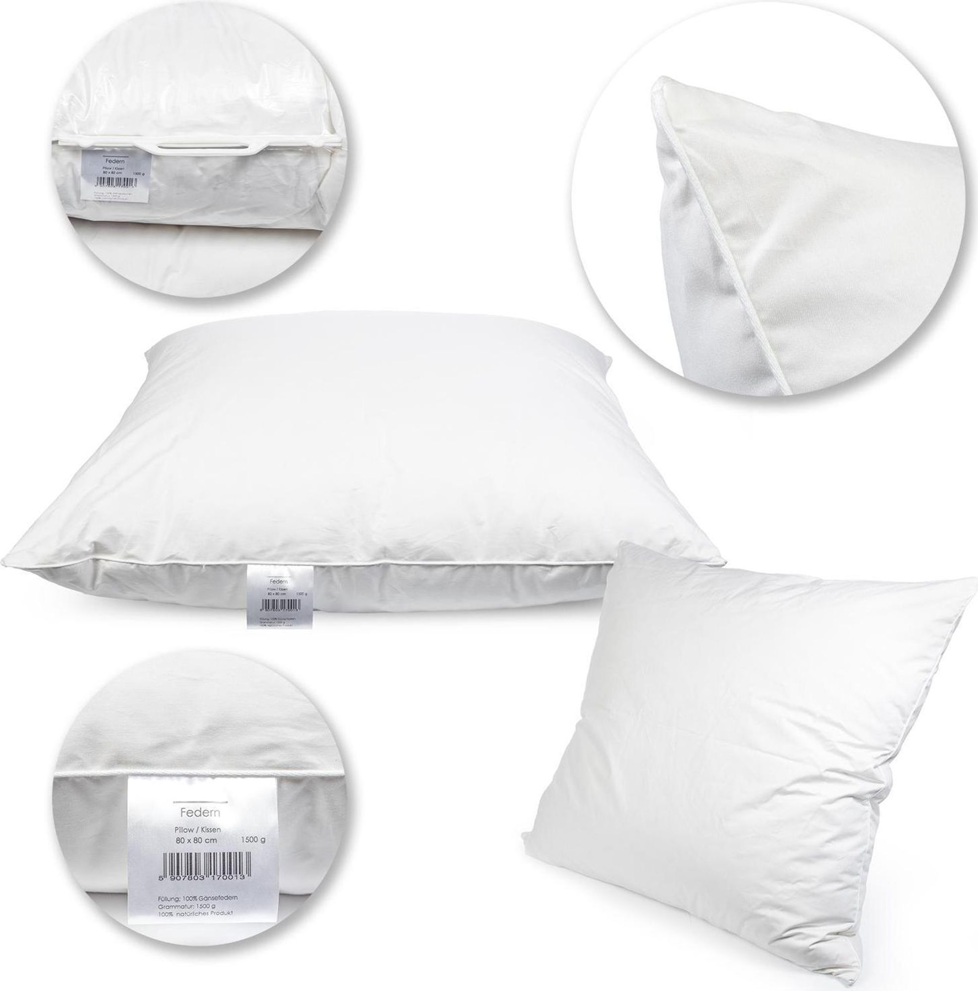 Federkissen 80x80 cm 1300 Gramm – Kopfkissen mit 100% Gänsefedern – Baumwollbezug 185 g/m² – Ganzjahreskissen