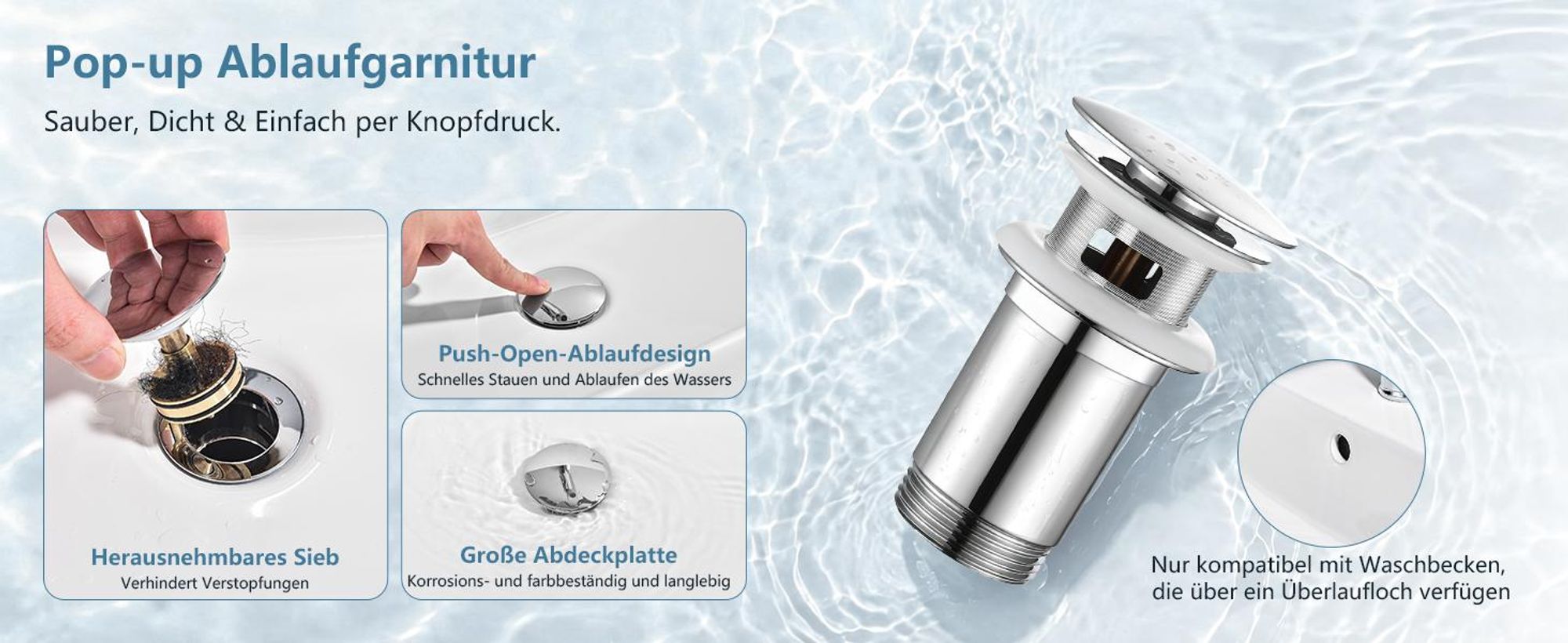 Homelody Wasserhahn Bad Chrom+Universal Ablaufgarnitur Chrom, Armatur Mischbatterie Waschbeckenarmatur mit Pop-Up Ventil Edelstahl Messing