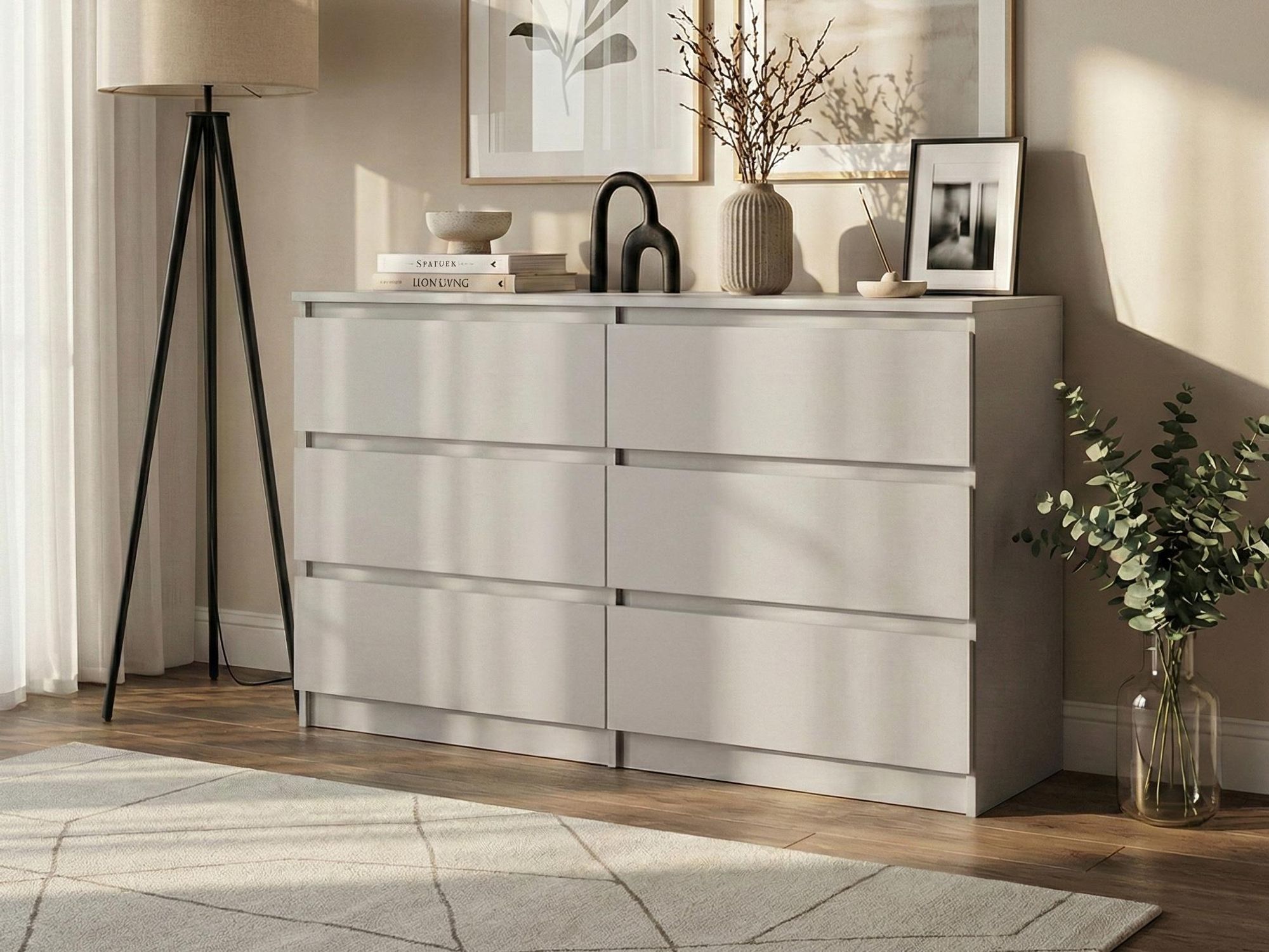 Komoda BEAUTYSOFA LEMON 140 cm, barva kašmír/kašmír – moderní komoda se 6 zásuvkami bez úchytek, vysoká skříňka do ložnice, obývacího pokoje a předsíně