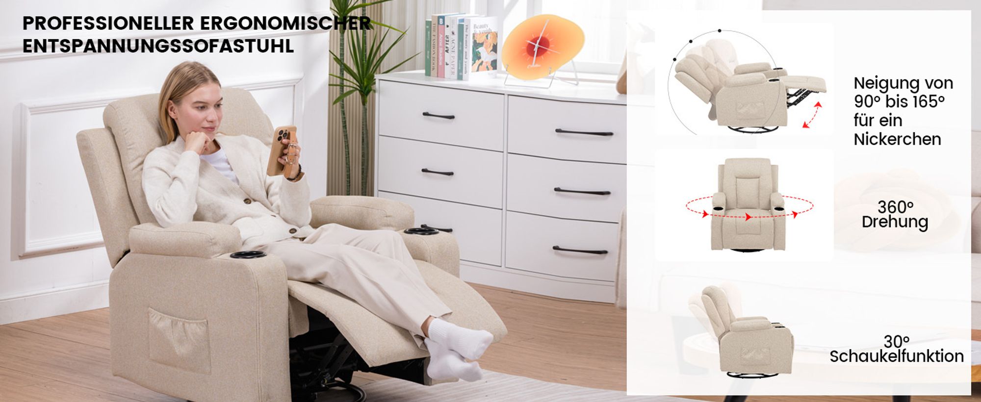 COMHOMA Relaxsessel TV-Sessel aus Stoff mit Liegefunktion Fernsehsessel Verstellbar, Recliner Chair, beige-Stoff