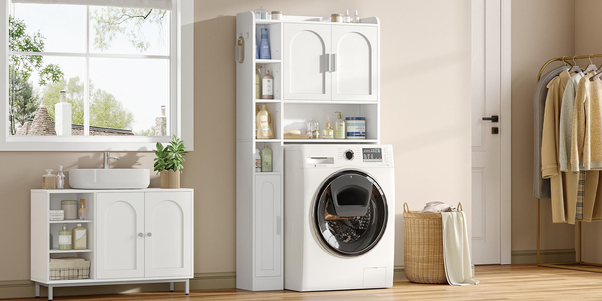 Fobyfurny Waschmaschinenschrank mit 3 Türen, Verstellbare Ablagen Waschmaschinenregal mit 5 offenen Fächern, für Badezimmer, Toilette und Waschküche