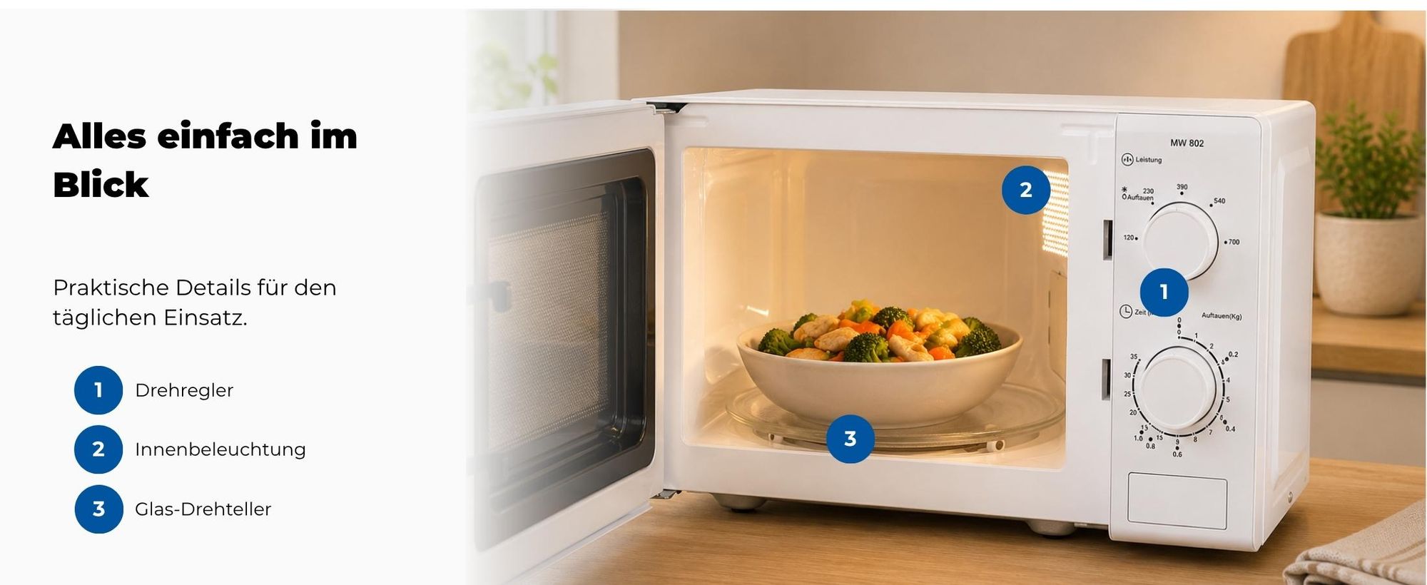 Exquisit Mikrowelle 20L, 700 Watt, 25,5cm Drehteller, 5 Leistungsstufen, Timer, Auftaufunktion, 2 Drehregler, MW 802 weiss