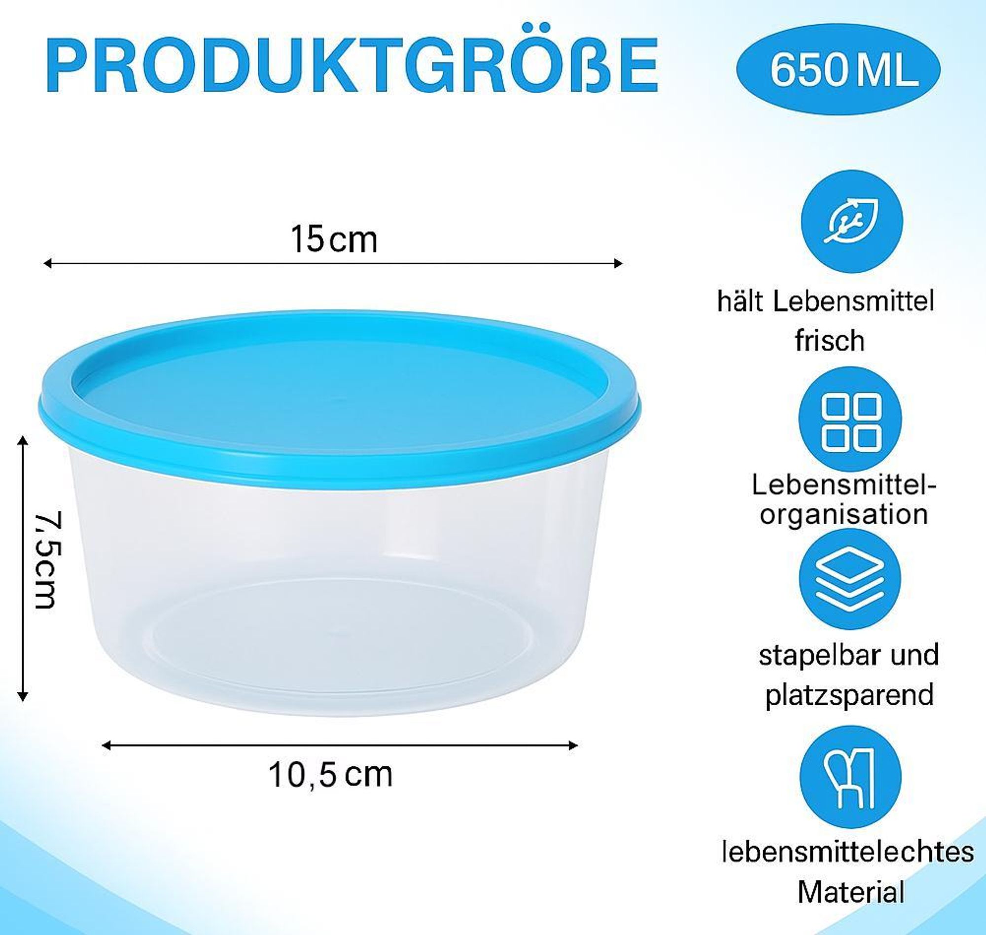 10x Vorratsdose 650 ml mit Deckel – stapelbar, auslaufsicher, BPA-frei – ideal für Meal Prep, Salat, Reste, To-Go – Kunststoff, transparent, blau