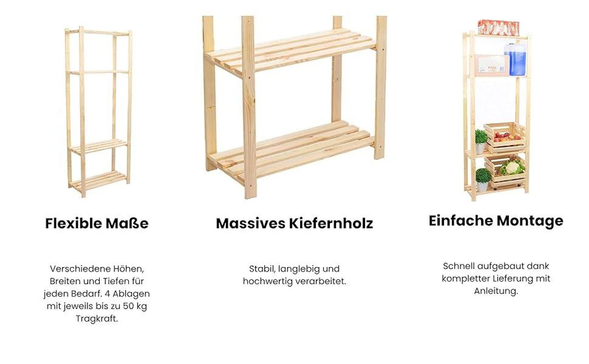 STOLMAK Holzregal Bücherregal 80x170x28,5 cm (BxHxT) Standregal Natur Kiefernholz Massivholzregal Kellerregal 4 Böden Kieferregal
